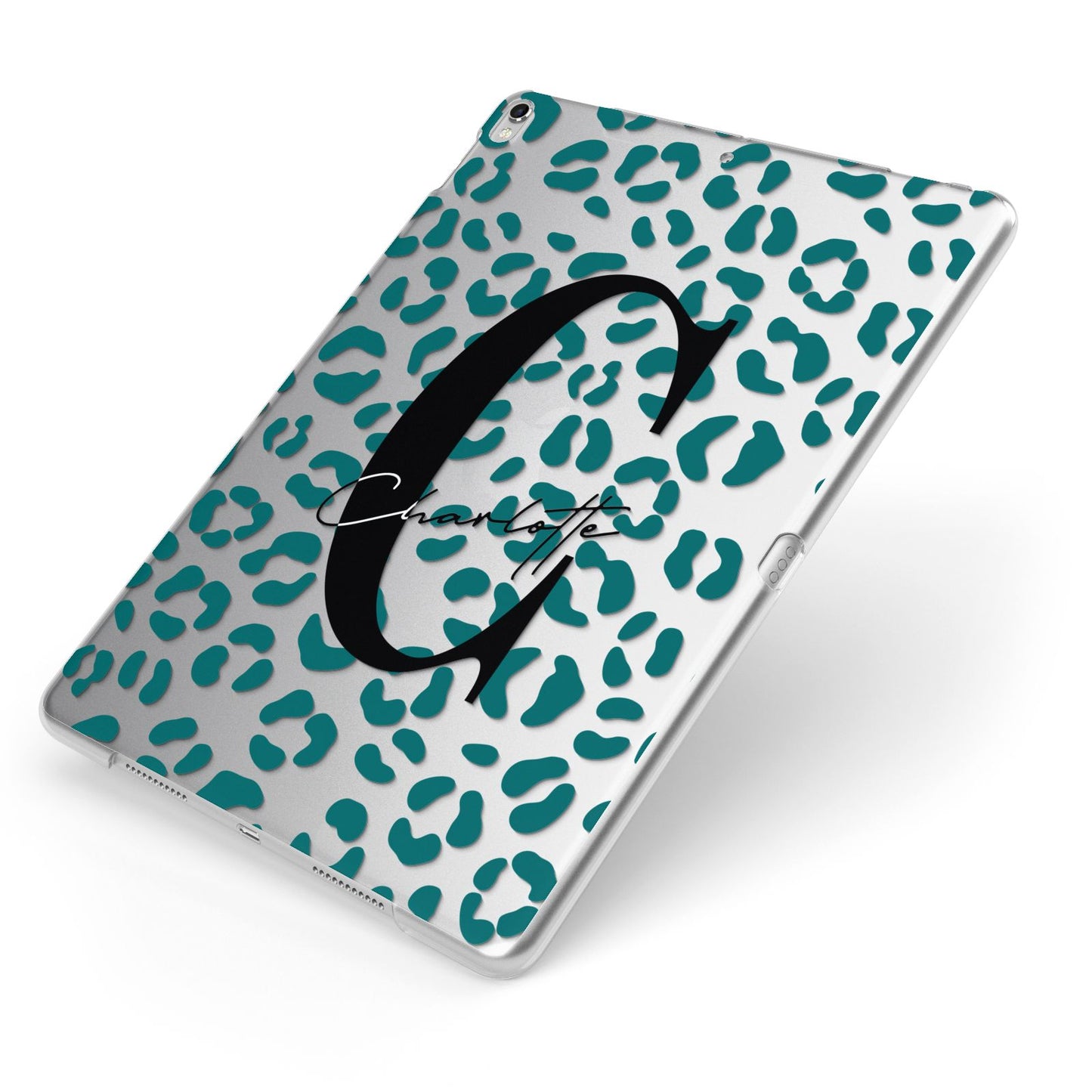 Personalised Leopard Print Clear Green Apple iPad Case on Silver iPad Side View