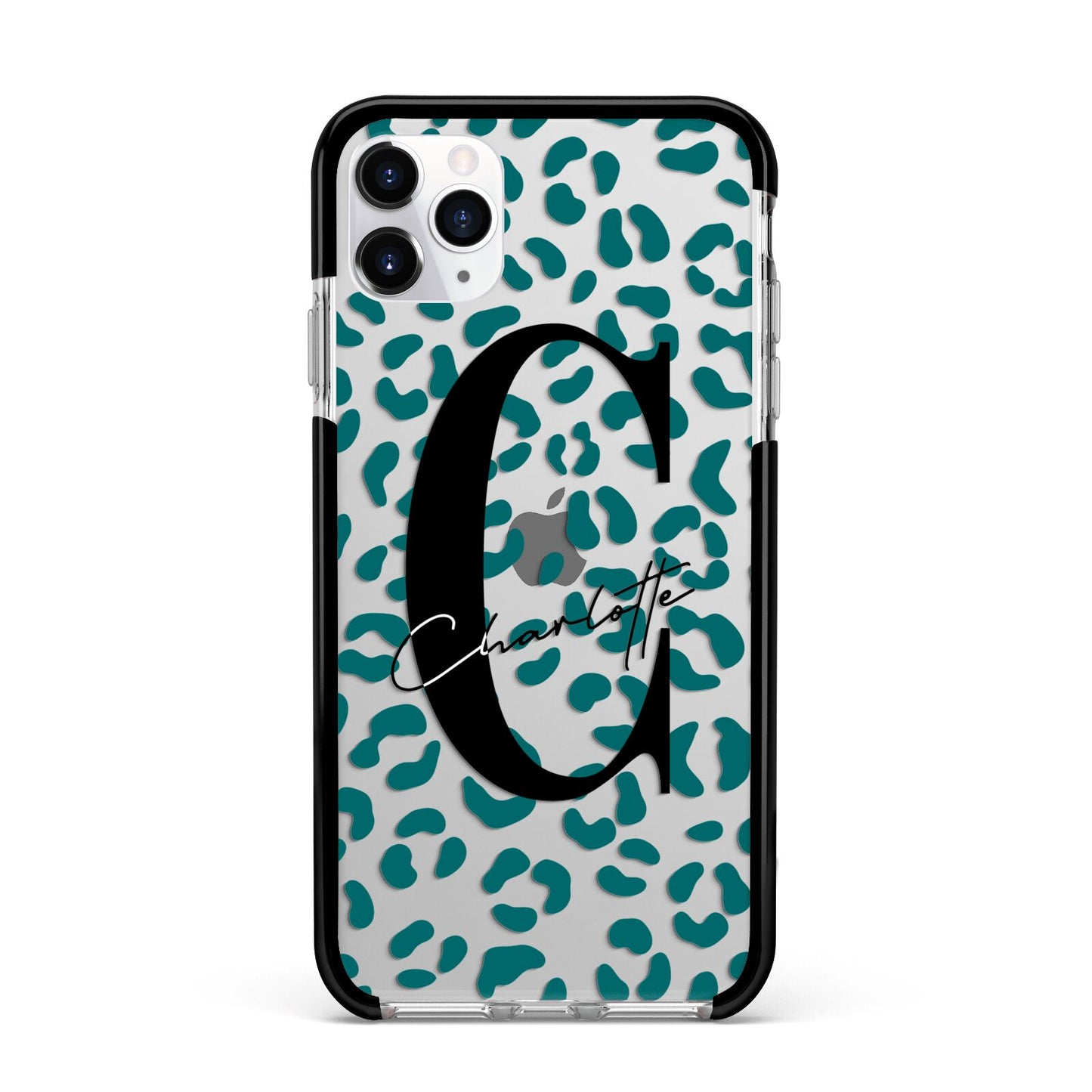 Personalised Leopard Print Clear Green Apple iPhone 11 Pro Max in Silver with Black Impact Case