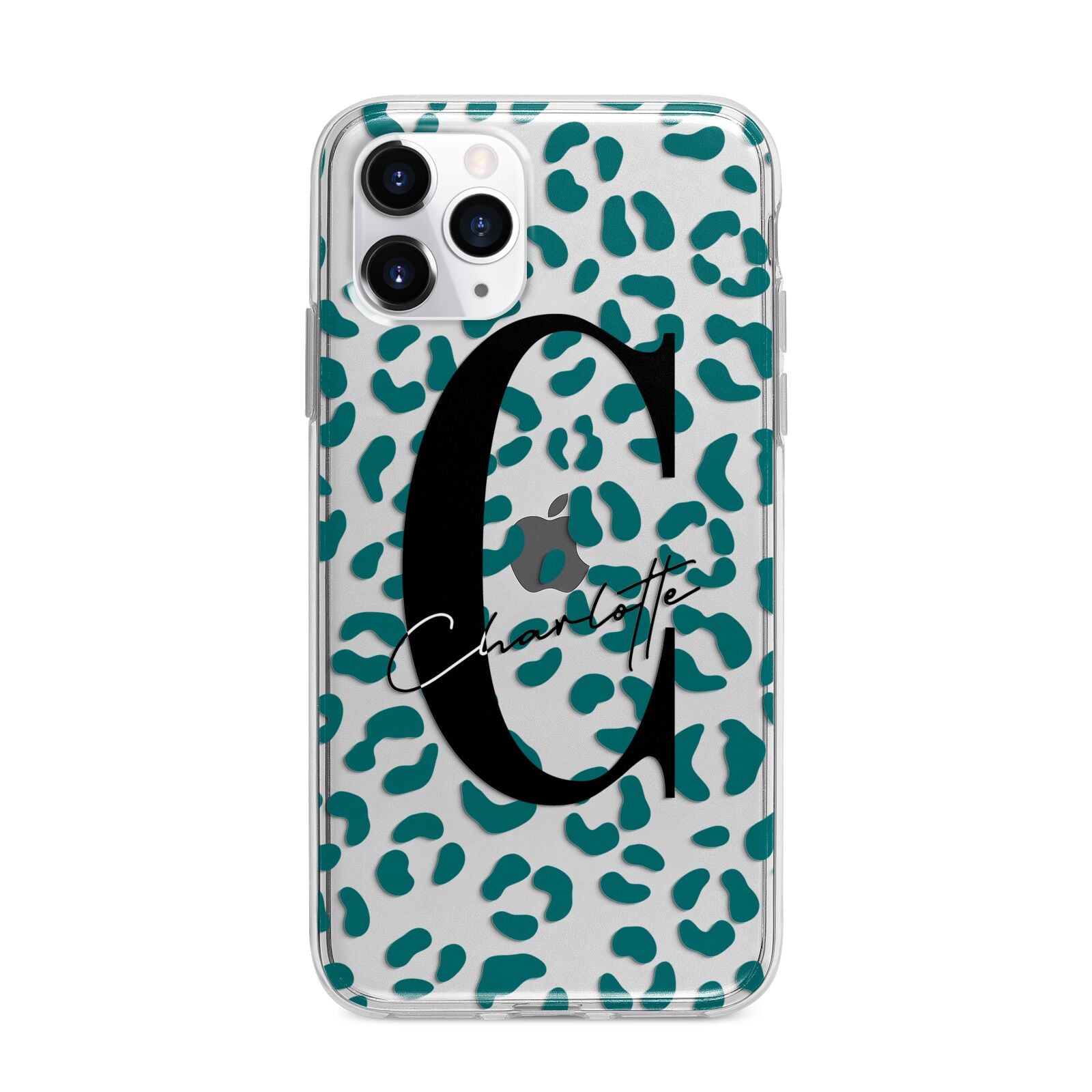 Personalised Leopard Print Clear Green Apple iPhone 11 Pro Max in Silver with Bumper Case