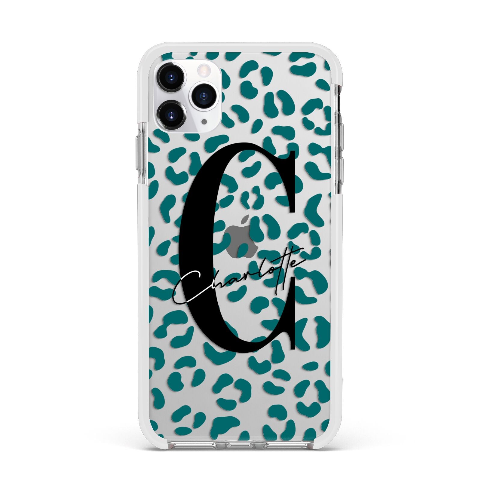 Personalised Leopard Print Clear Green Apple iPhone 11 Pro Max in Silver with White Impact Case
