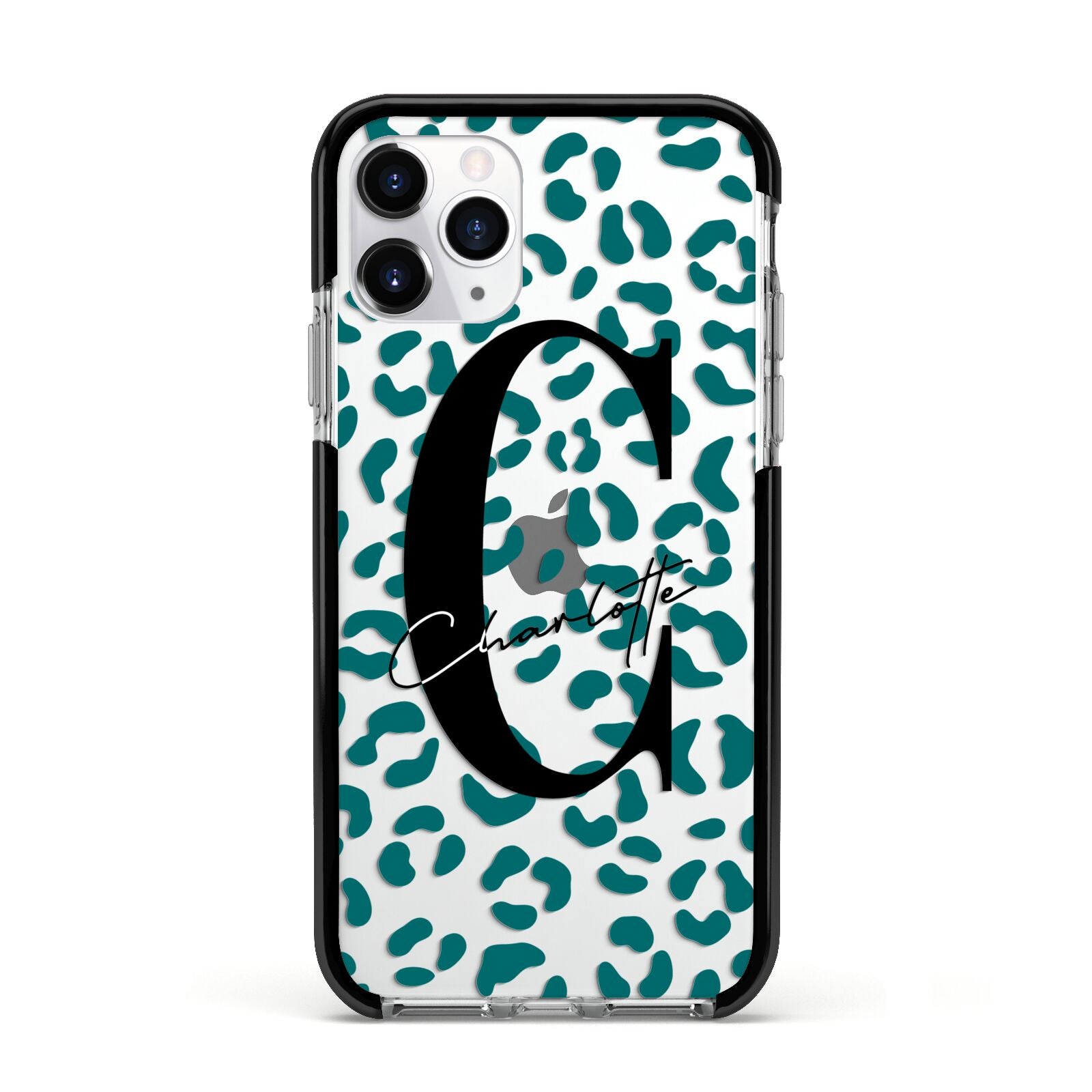 Personalised Leopard Print Clear Green Apple iPhone 11 Pro in Silver with Black Impact Case