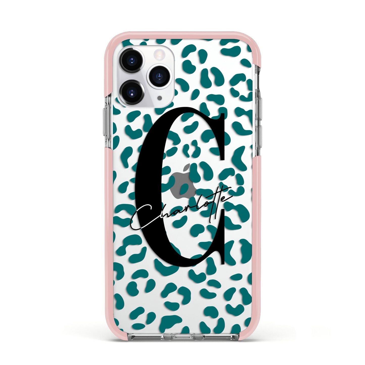 Personalised Leopard Print Clear Green Apple iPhone 11 Pro in Silver with Pink Impact Case
