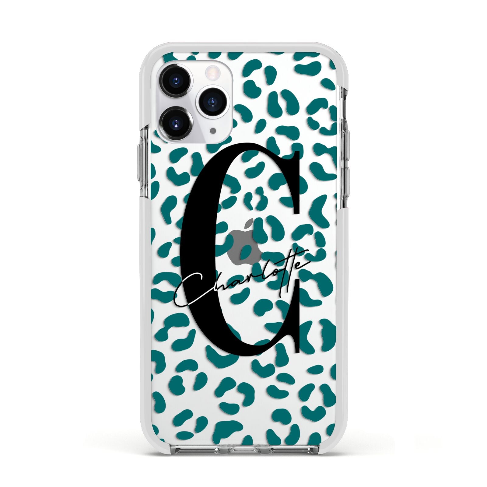 Personalised Leopard Print Clear Green Apple iPhone 11 Pro in Silver with White Impact Case