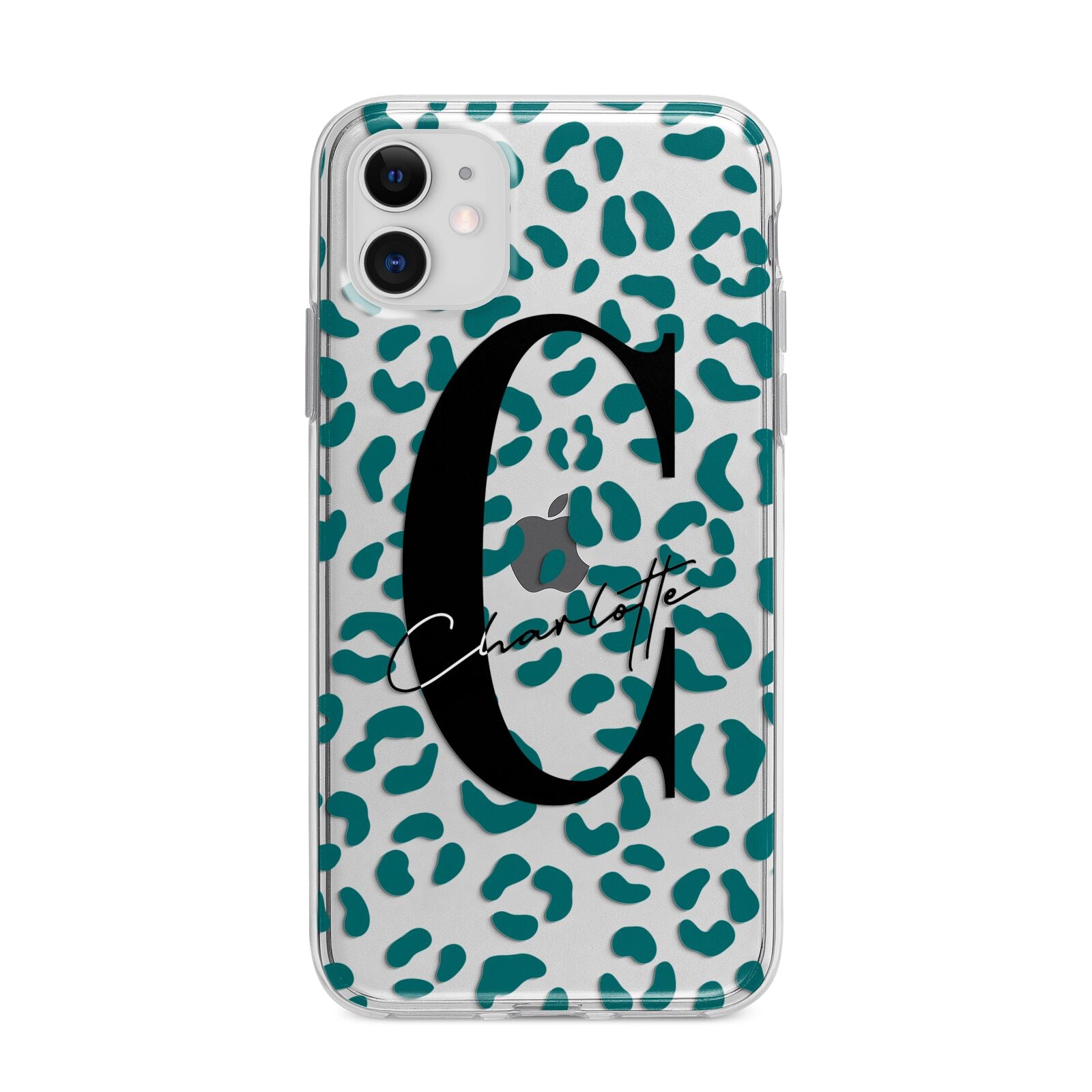 Personalised Leopard Print Clear Green Apple iPhone 11 in White with Bumper Case