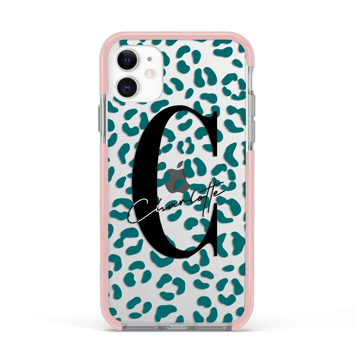 Personalised Leopard Print Clear Green Apple iPhone 11 in White with Pink Impact Case