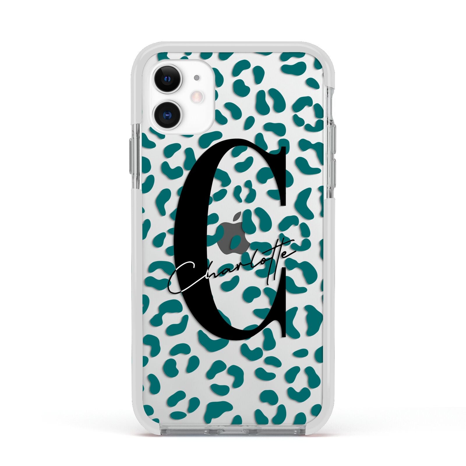 Personalised Leopard Print Clear Green Apple iPhone 11 in White with White Impact Case