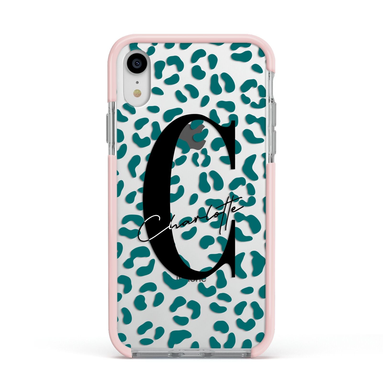Personalised Leopard Print Clear Green Apple iPhone XR Impact Case Pink Edge on Silver Phone