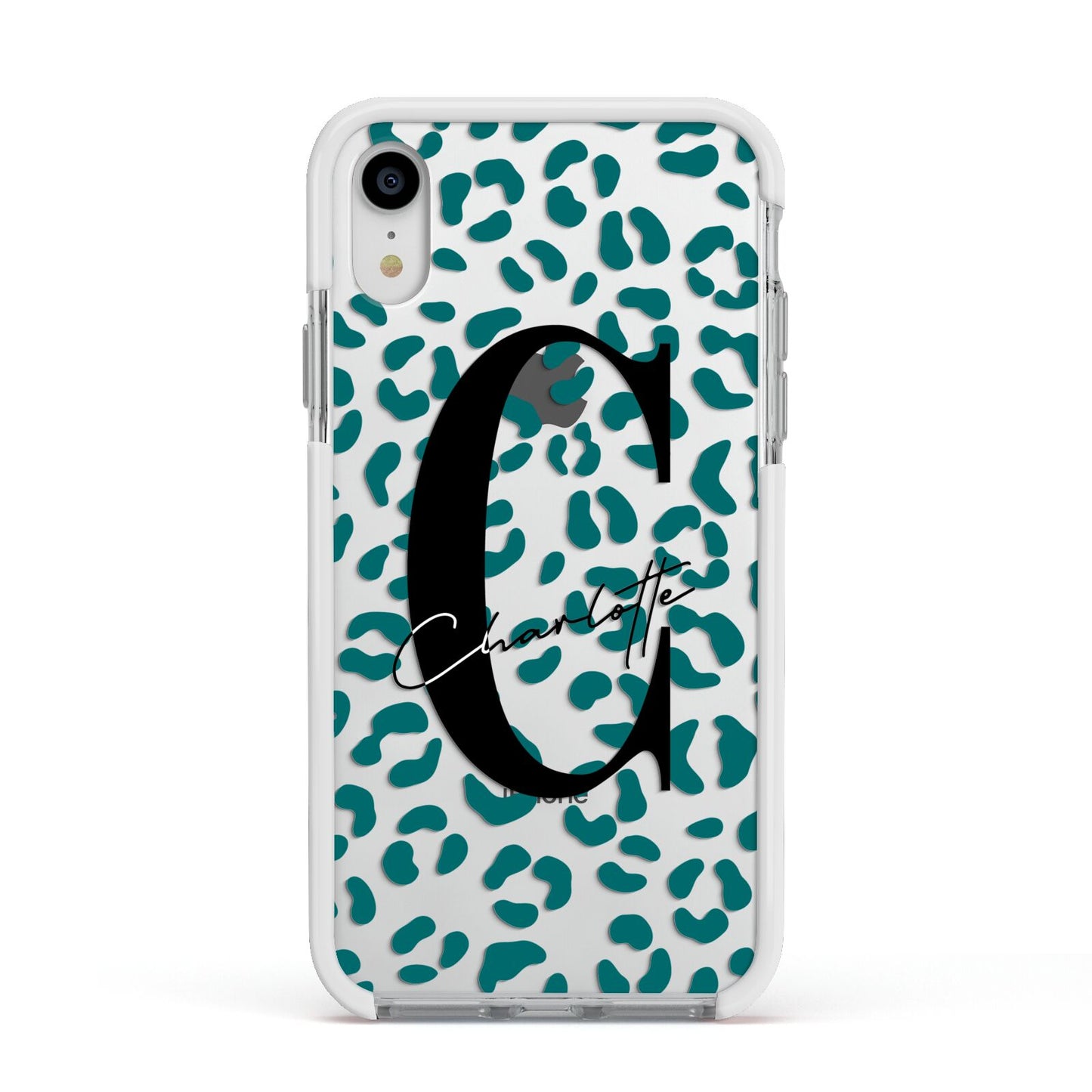 Personalised Leopard Print Clear Green Apple iPhone XR Impact Case White Edge on Silver Phone