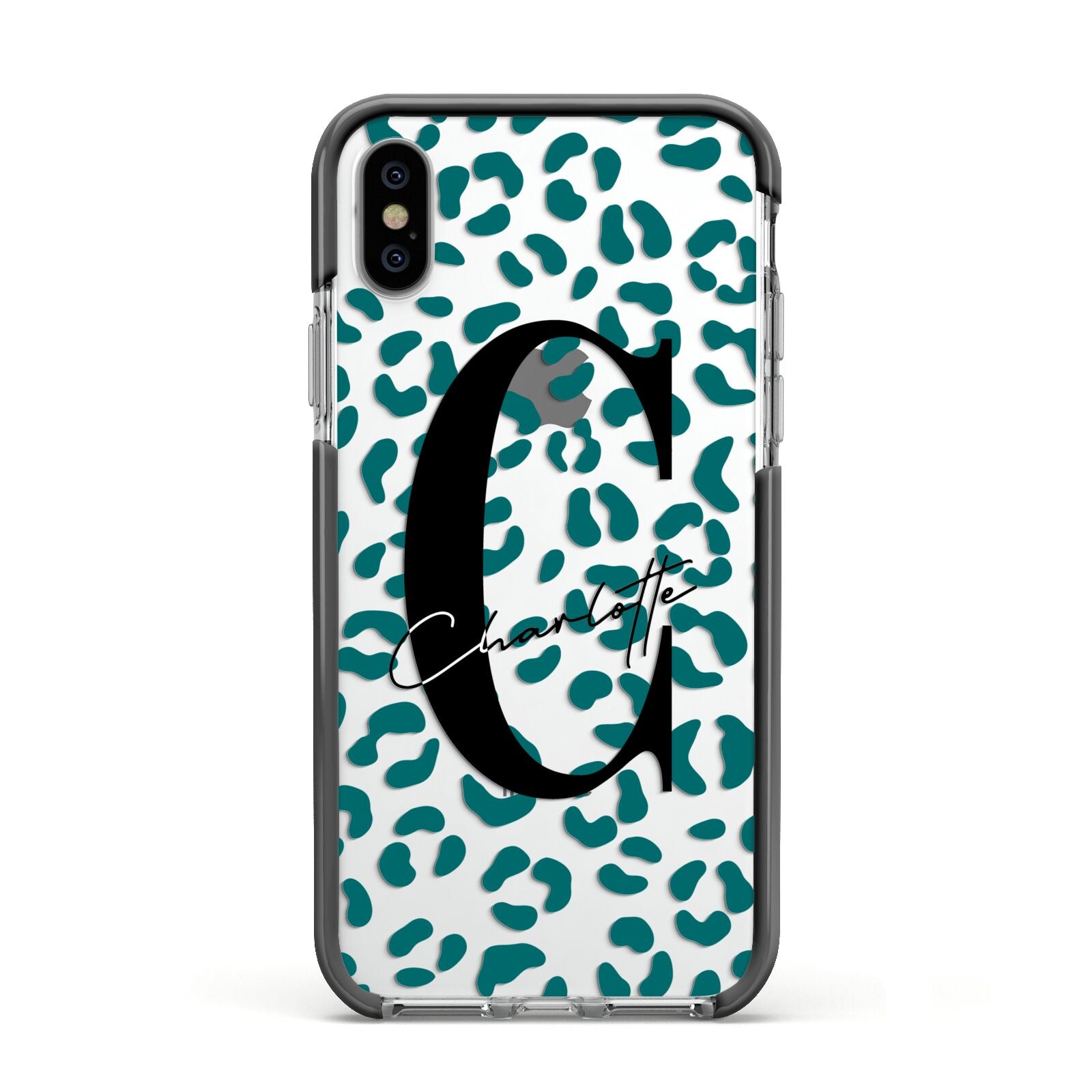 Personalised Leopard Print Clear Green Apple iPhone Xs Impact Case Black Edge on Silver Phone
