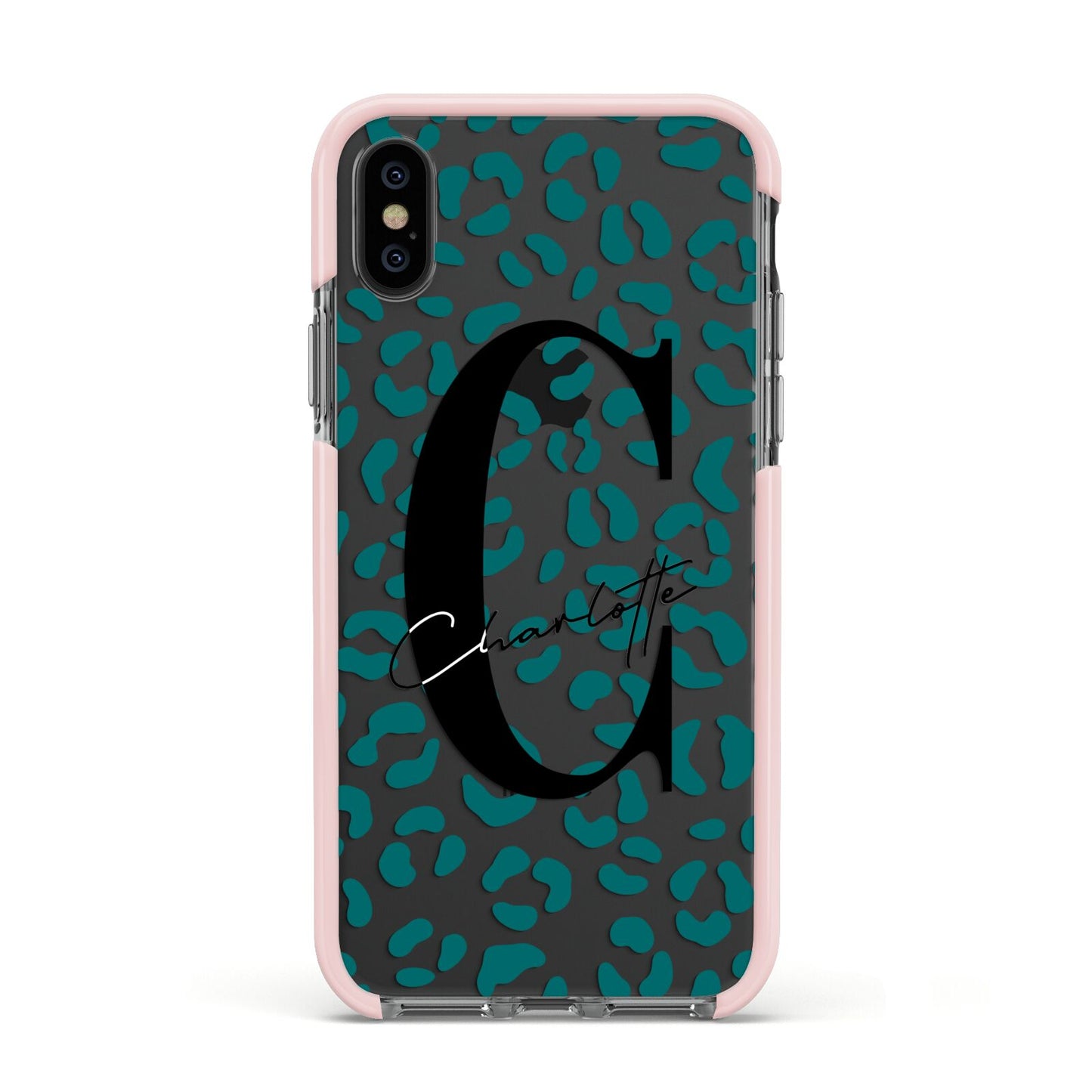 Personalised Leopard Print Clear Green Apple iPhone Xs Impact Case Pink Edge on Black Phone