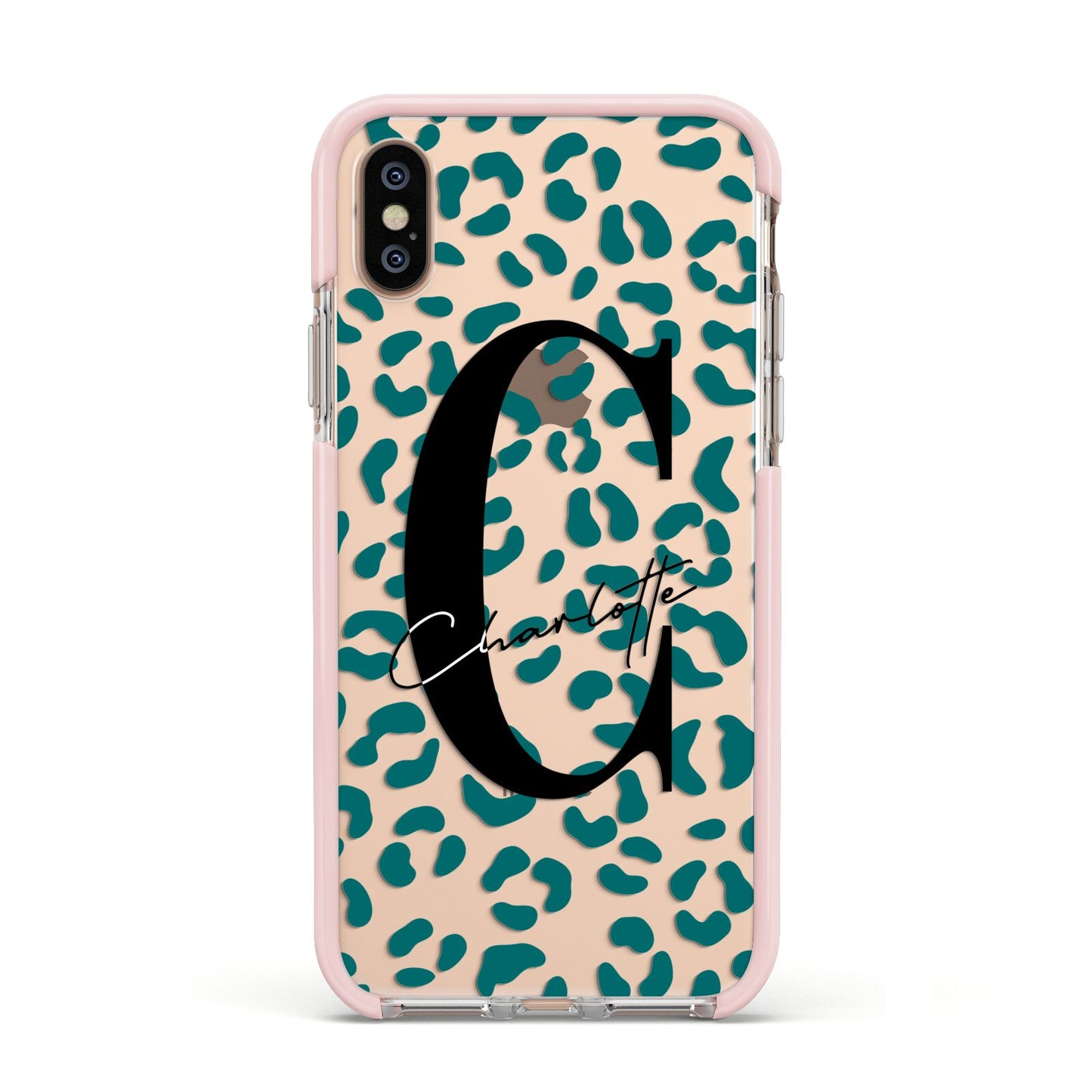 Personalised Leopard Print Clear Green Apple iPhone Xs Impact Case Pink Edge on Gold Phone