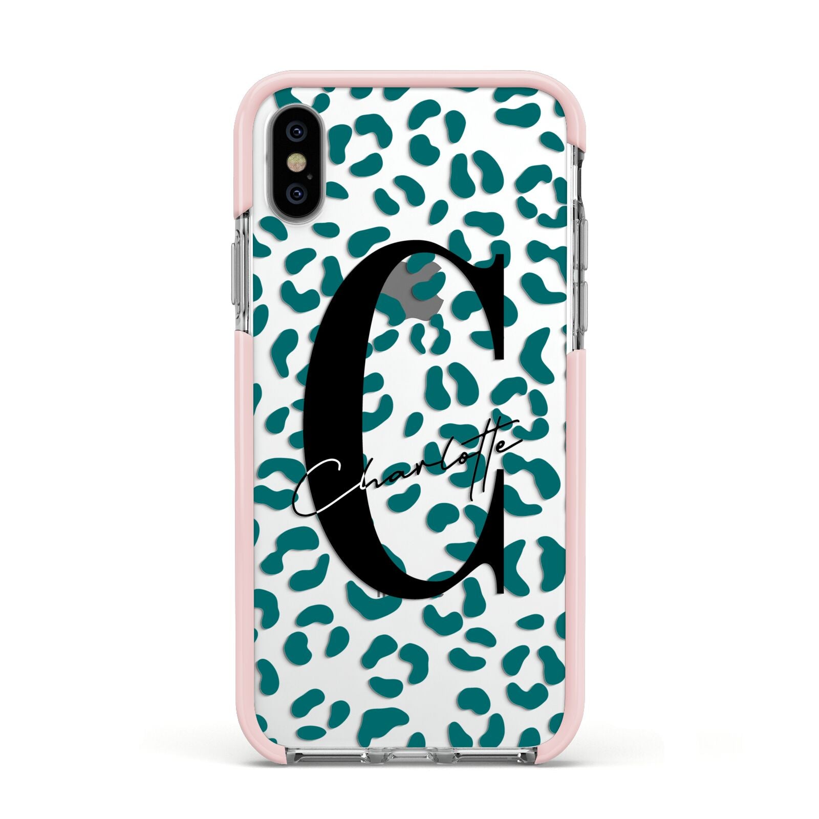 Personalised Leopard Print Clear Green Apple iPhone Xs Impact Case Pink Edge on Silver Phone
