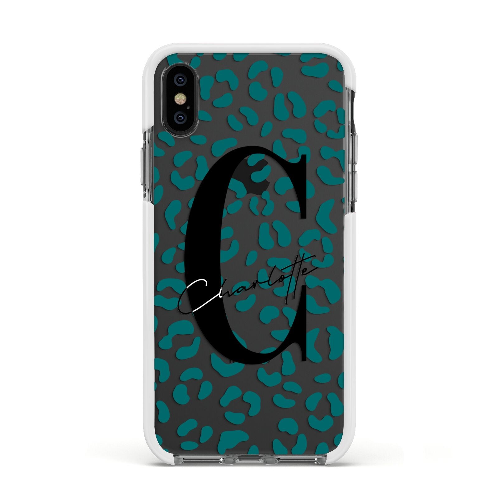 Personalised Leopard Print Clear Green Apple iPhone Xs Impact Case White Edge on Black Phone