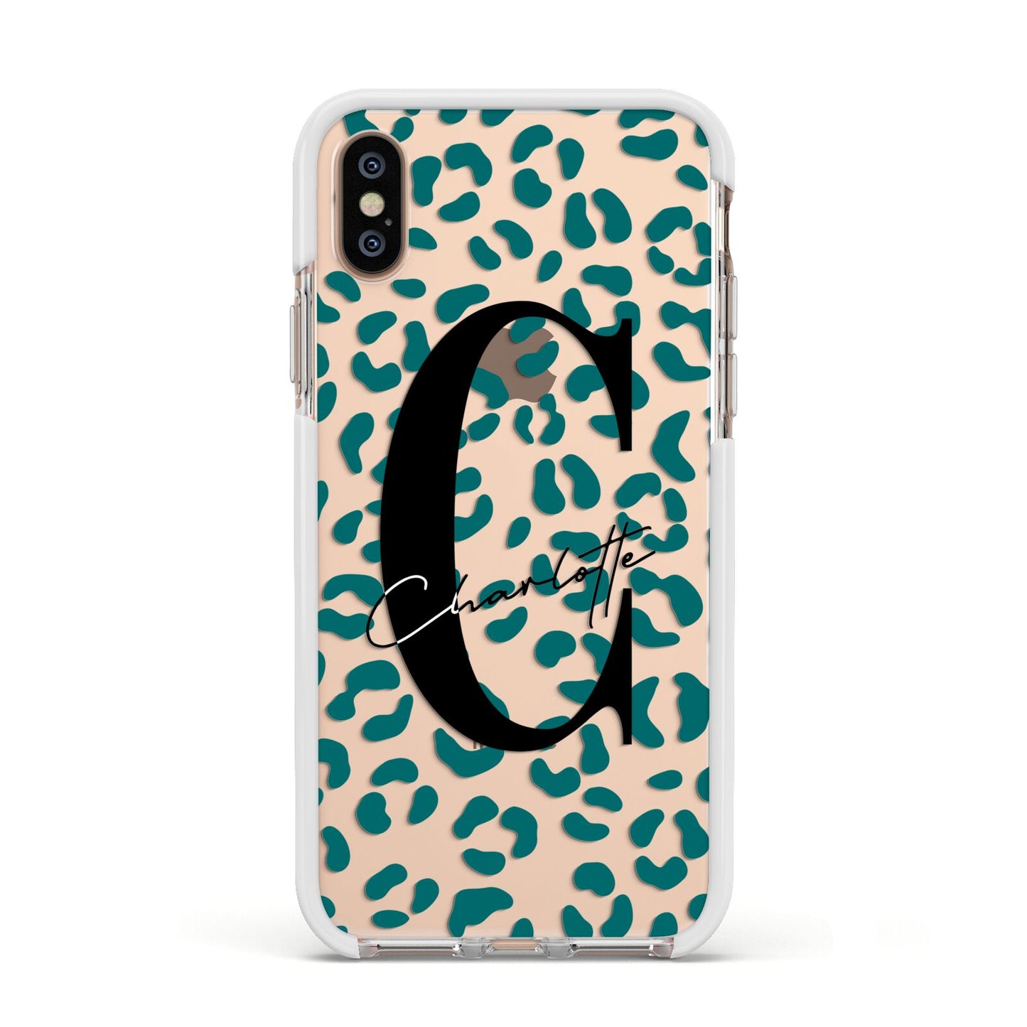 Personalised Leopard Print Clear Green Apple iPhone Xs Impact Case White Edge on Gold Phone
