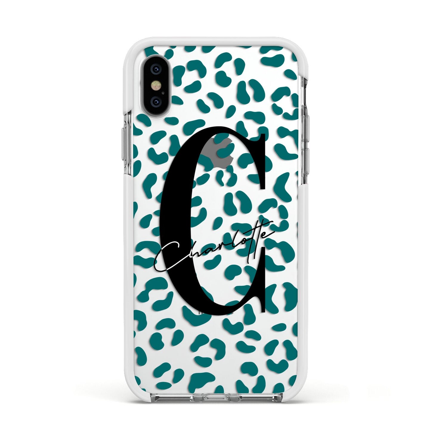 Personalised Leopard Print Clear Green Apple iPhone Xs Impact Case White Edge on Silver Phone