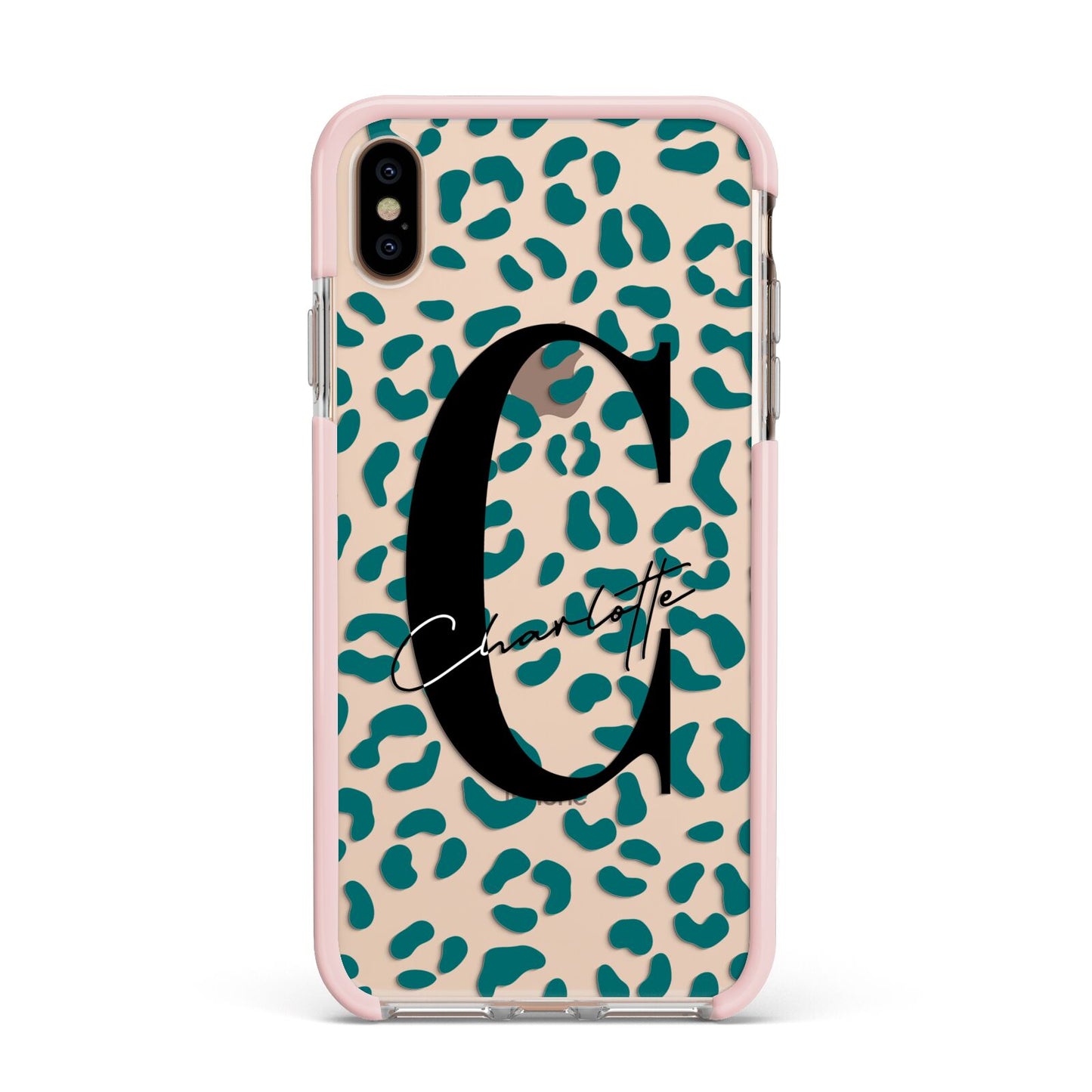 Personalised Leopard Print Clear Green Apple iPhone Xs Max Impact Case Pink Edge on Gold Phone