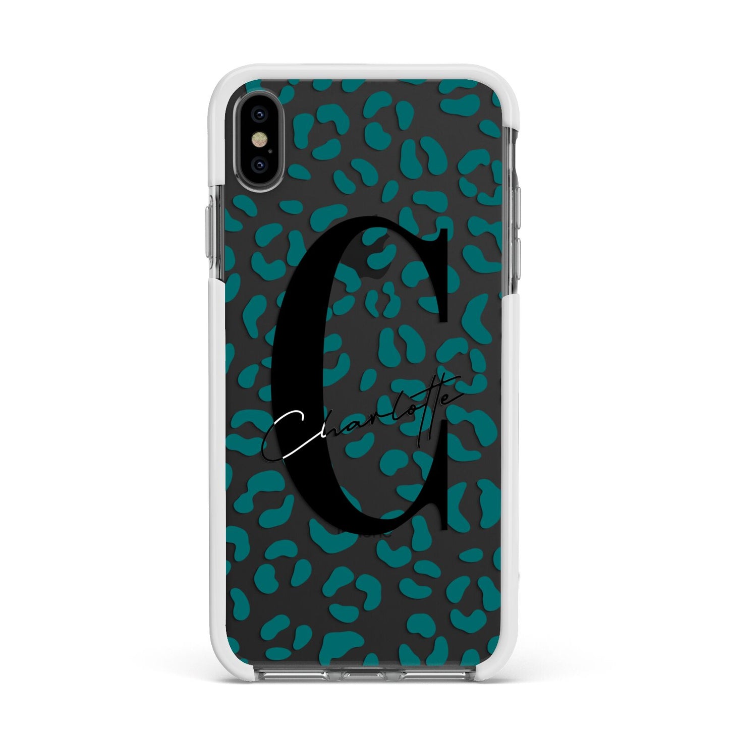 Personalised Leopard Print Clear Green Apple iPhone Xs Max Impact Case White Edge on Black Phone