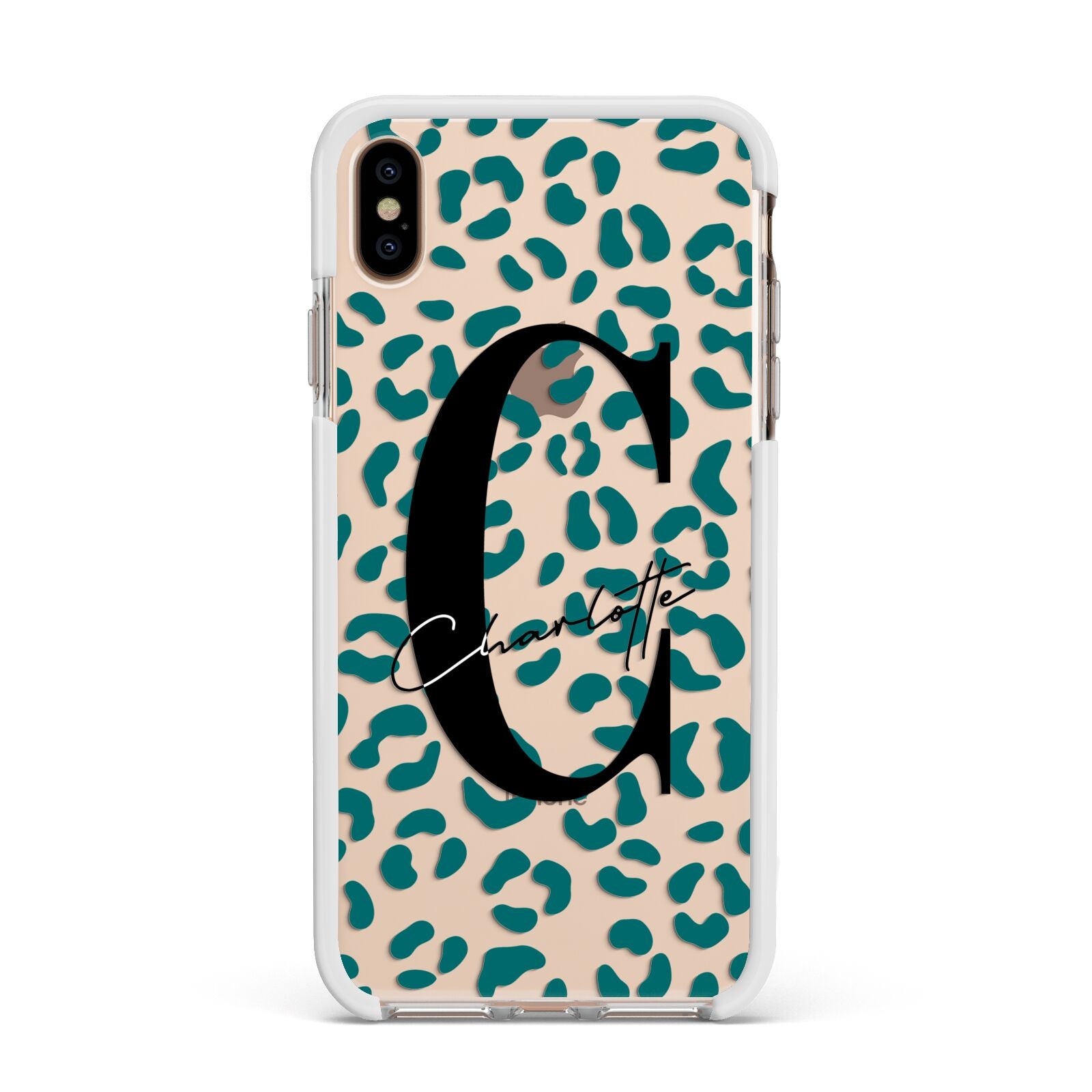 Personalised Leopard Print Clear Green Apple iPhone Xs Max Impact Case White Edge on Gold Phone