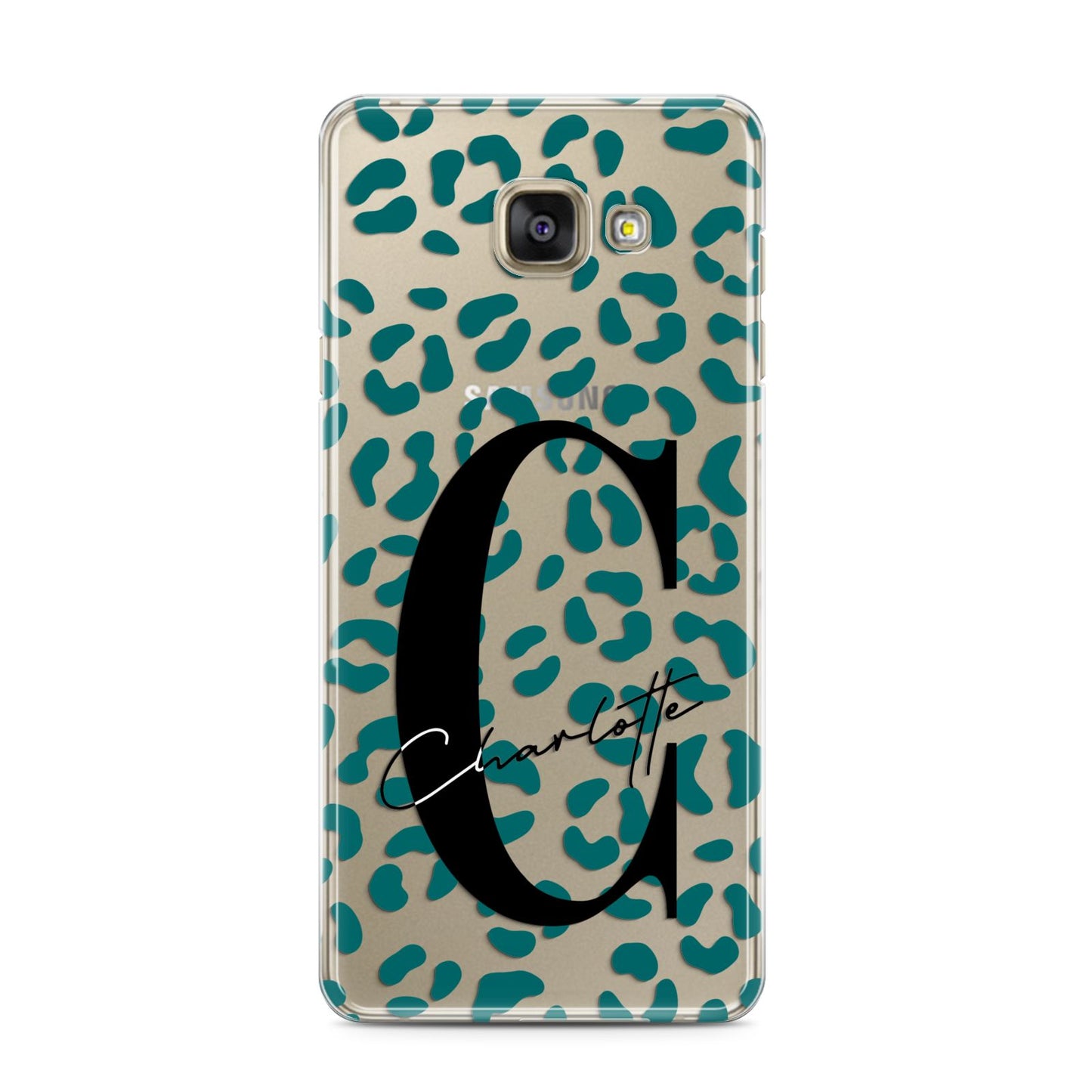 Personalised Leopard Print Clear Green Samsung Galaxy A3 2016 Case on gold phone