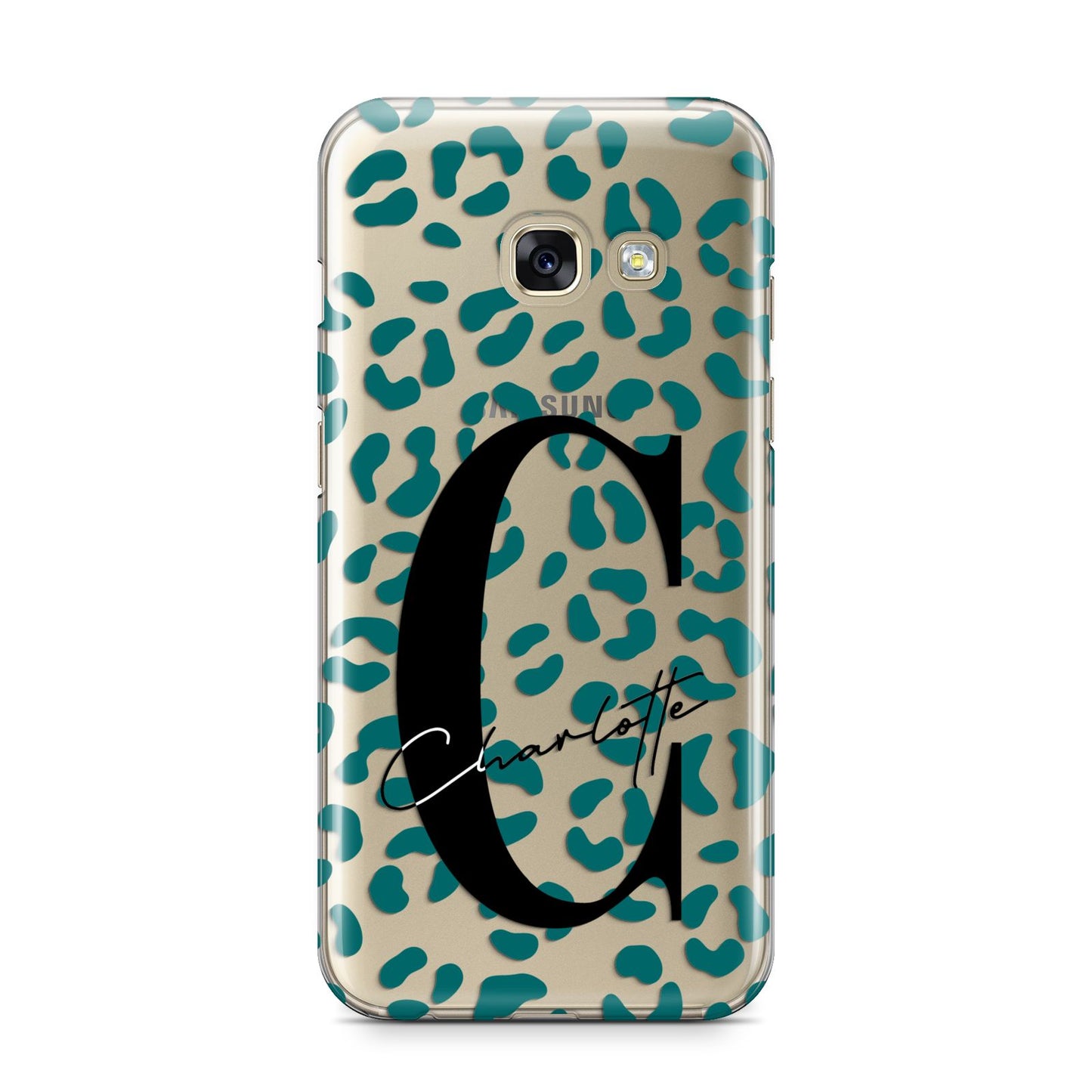 Personalised Leopard Print Clear Green Samsung Galaxy A3 2017 Case on gold phone