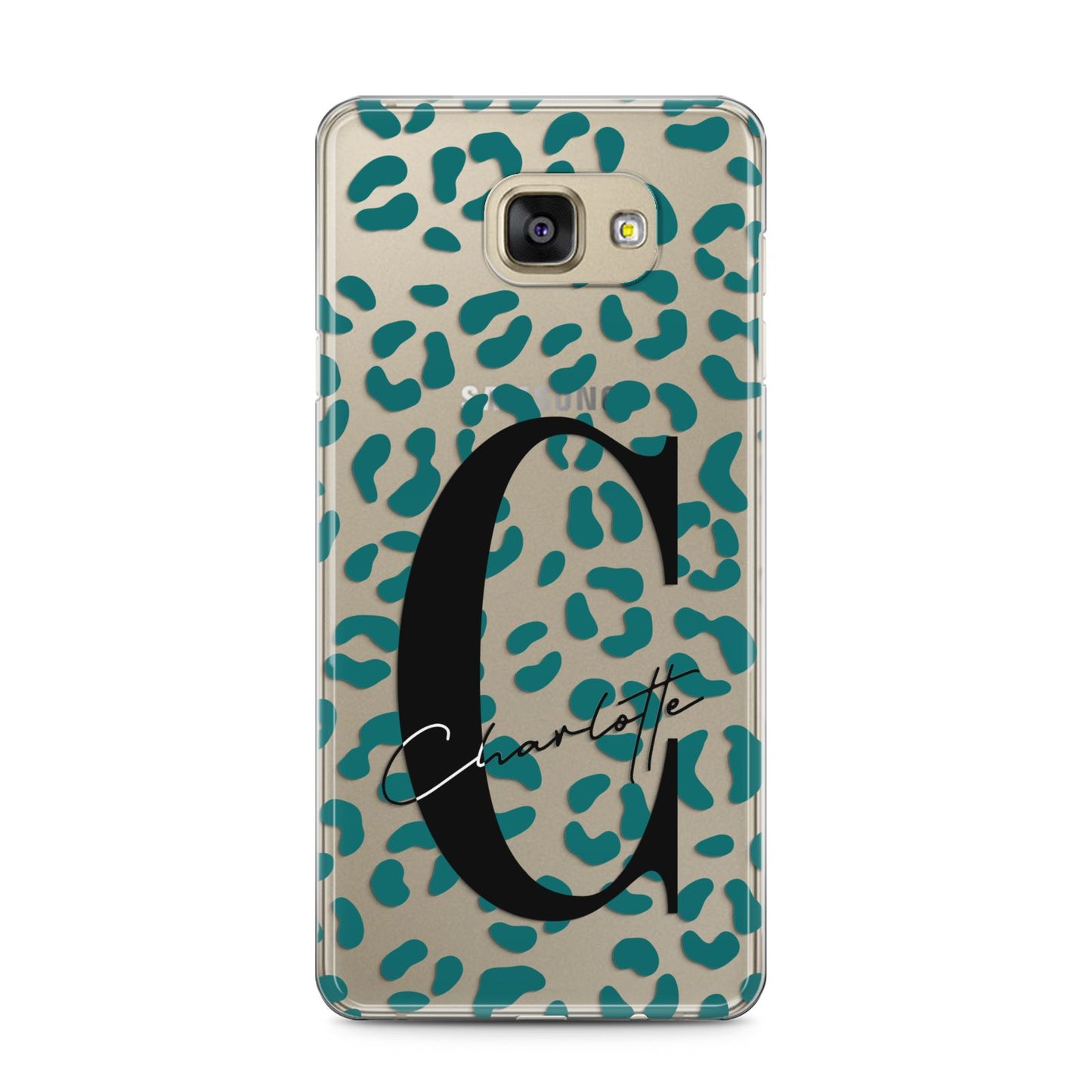 Personalised Leopard Print Clear Green Samsung Galaxy A5 2016 Case on gold phone