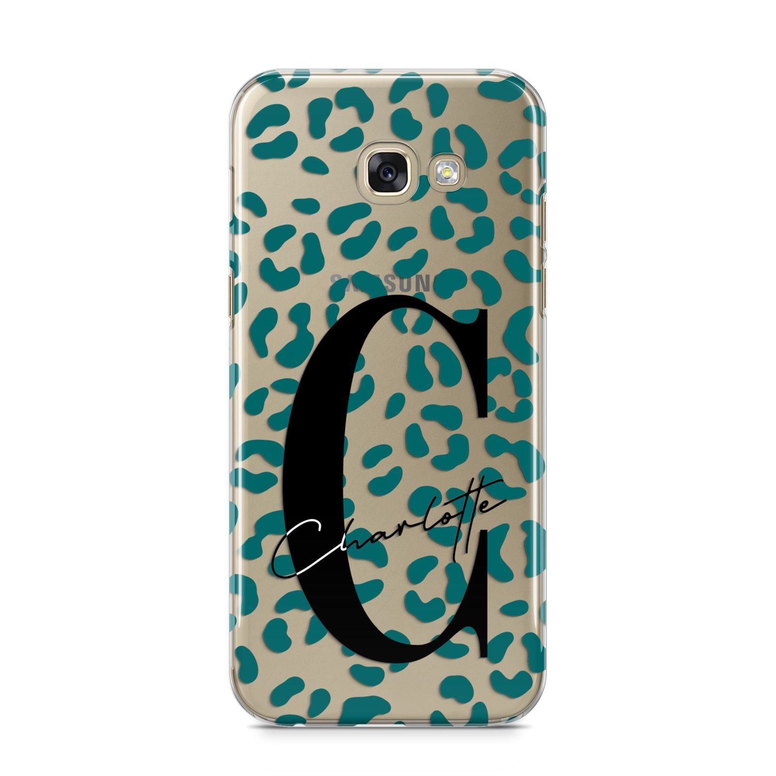 Personalised Leopard Print Clear Green Samsung Galaxy A5 2017 Case on gold phone