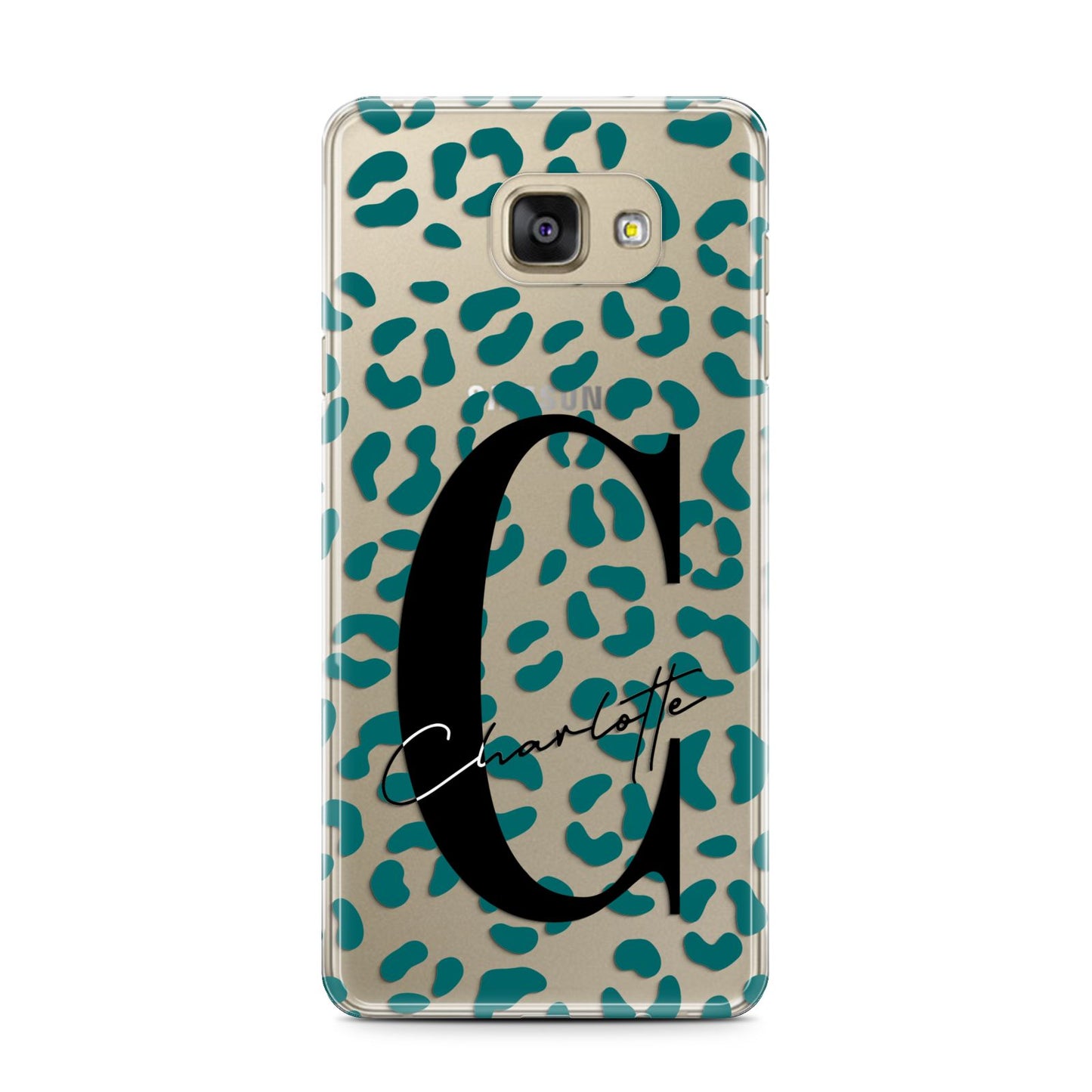 Personalised Leopard Print Clear Green Samsung Galaxy A7 2016 Case on gold phone