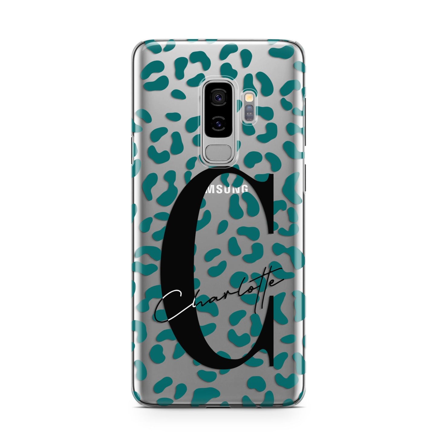 Personalised Leopard Print Clear Green Samsung Galaxy S9 Plus Case on Silver phone