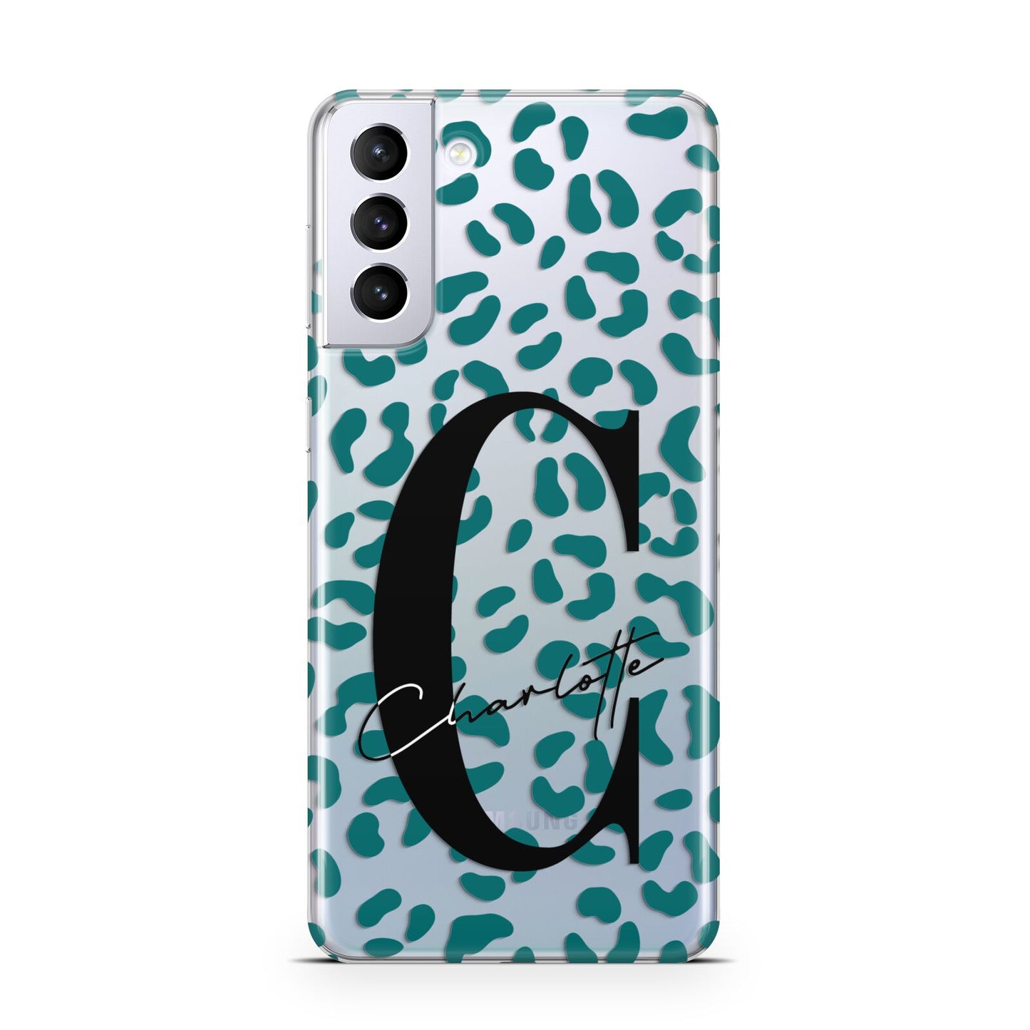 Personalised Leopard Print Clear Green Samsung S21 Plus Phone Case