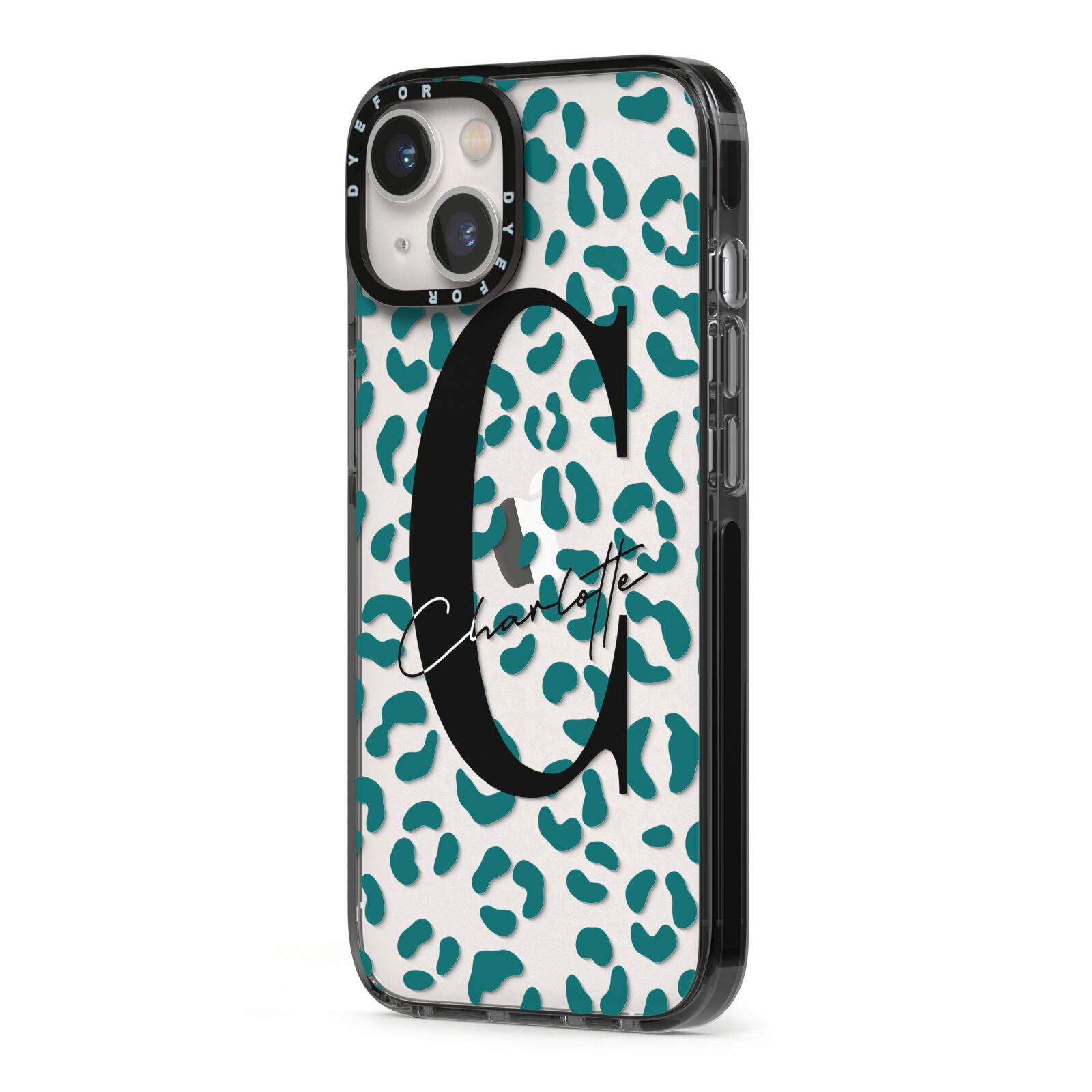 Personalised Leopard Print Clear Green iPhone 13 Black Impact Case Side Angle on Silver phone
