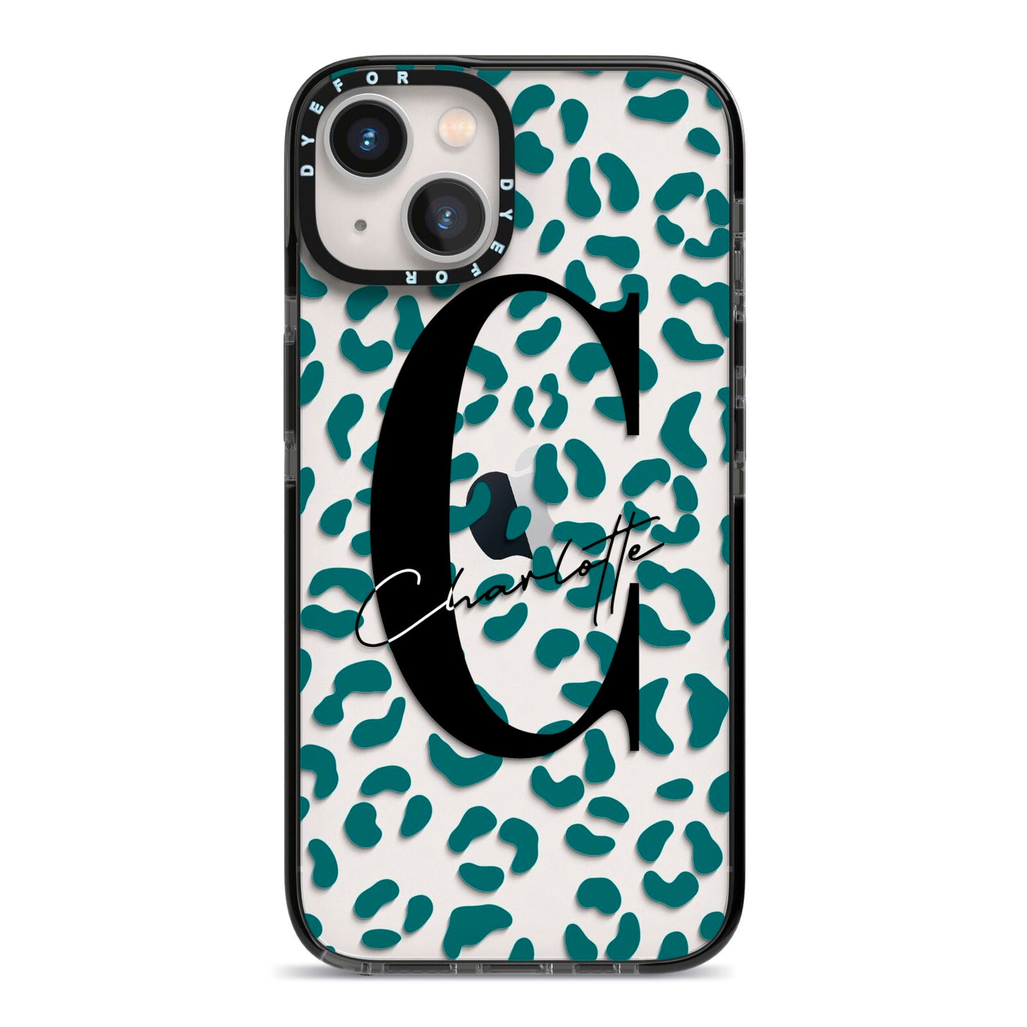 Personalised Leopard Print Clear Green iPhone 13 Black Impact Case on Silver phone