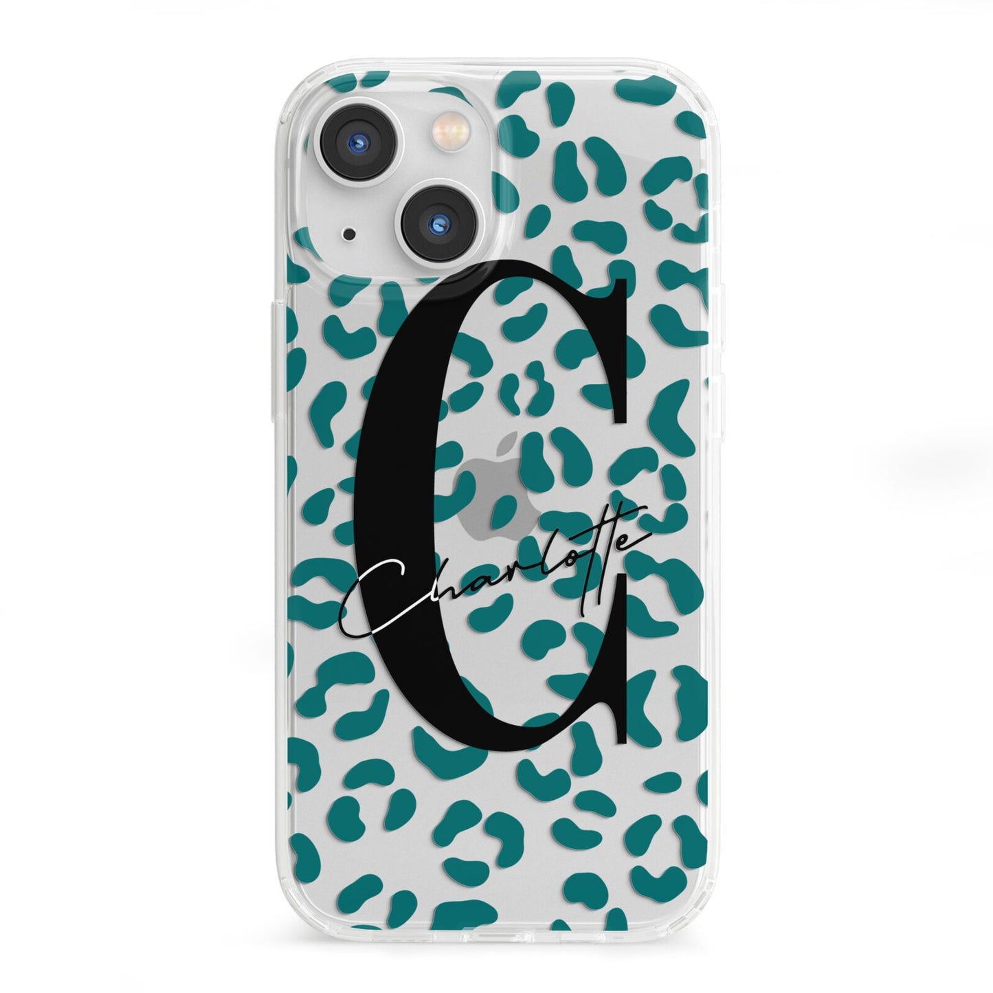 Personalised Leopard Print Clear Green iPhone 13 Mini Clear Bumper Case