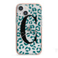 Personalised Leopard Print Clear Green iPhone 13 Mini TPU Impact Case with Pink Edges