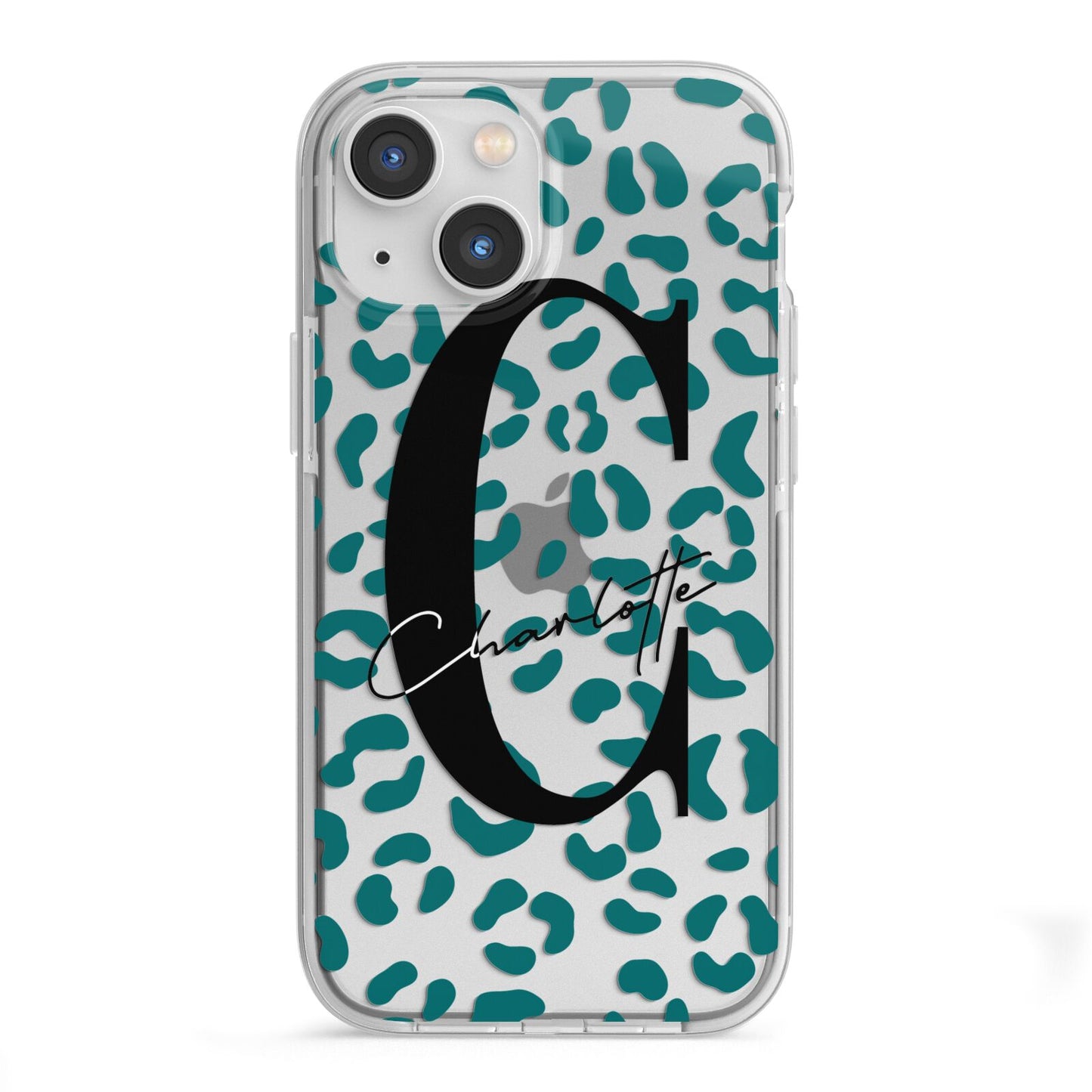 Personalised Leopard Print Clear Green iPhone 13 Mini TPU Impact Case with White Edges