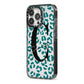 Personalised Leopard Print Clear Green iPhone 13 Pro Black Impact Case Side Angle on Silver phone