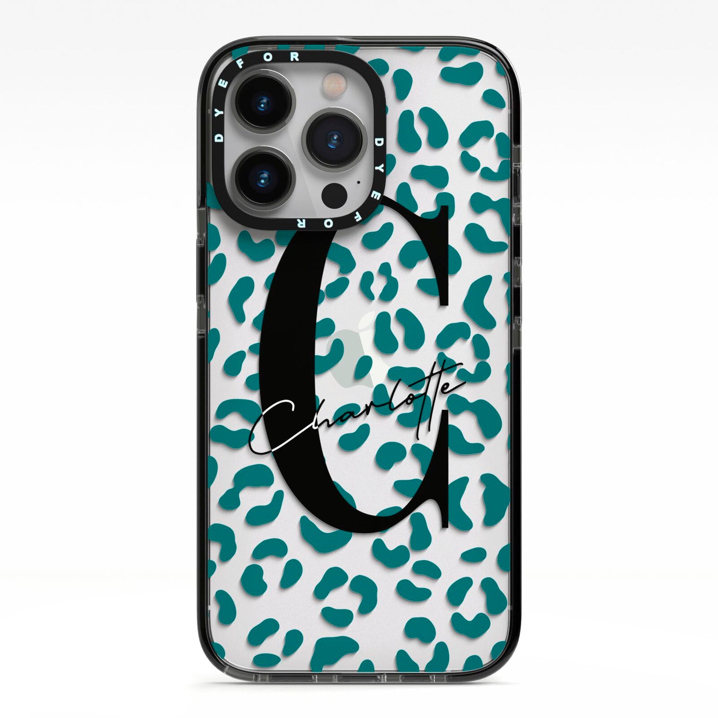 Personalised Leopard Print Clear Green iPhone 13 Pro Black Impact Case on Silver phone