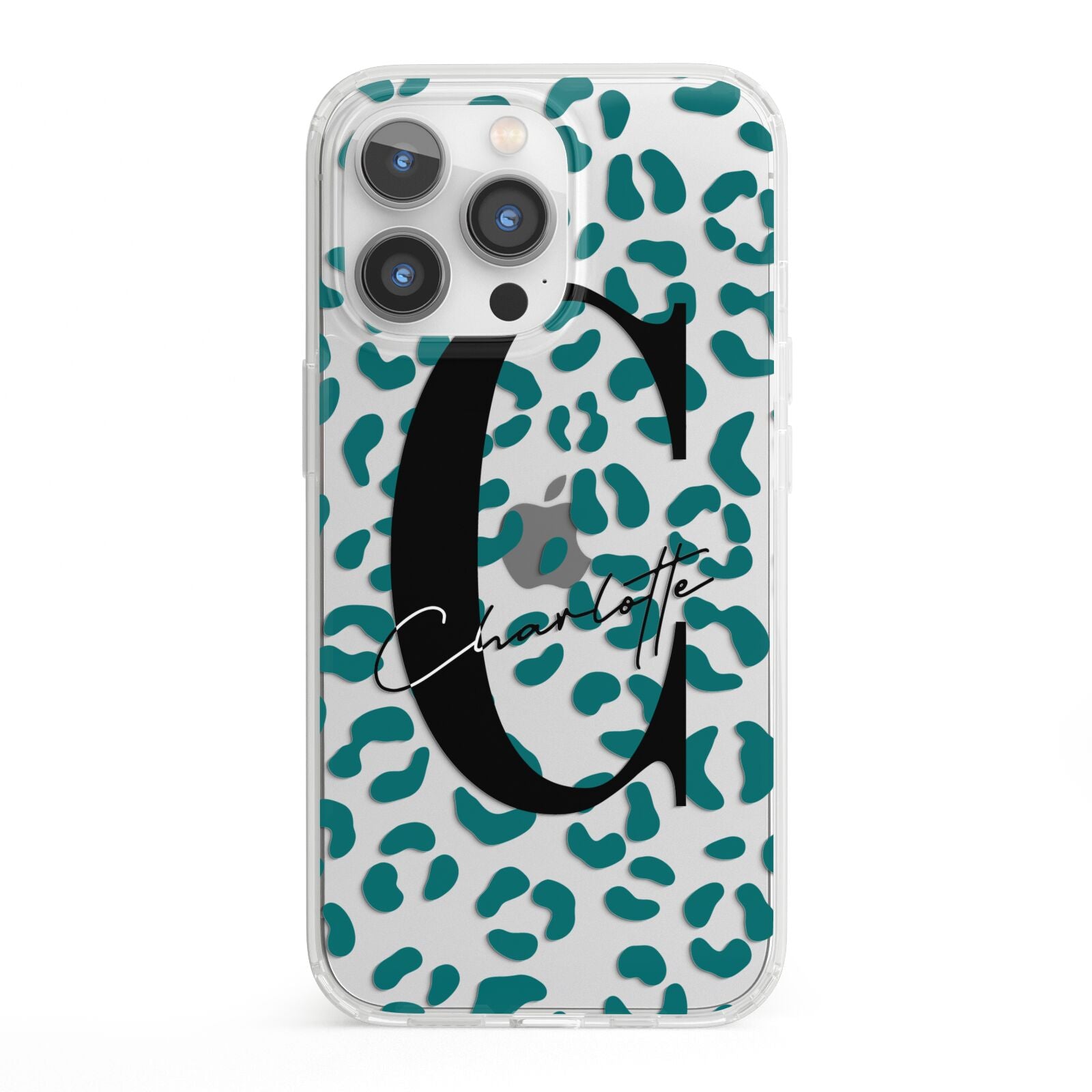 Personalised Leopard Print Clear Green iPhone 13 Pro Clear Bumper Case