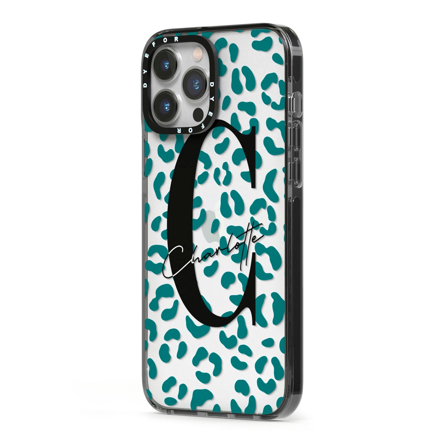 Personalised Leopard Print Clear Green iPhone 13 Pro Max Black Impact Case Side Angle on Silver phone