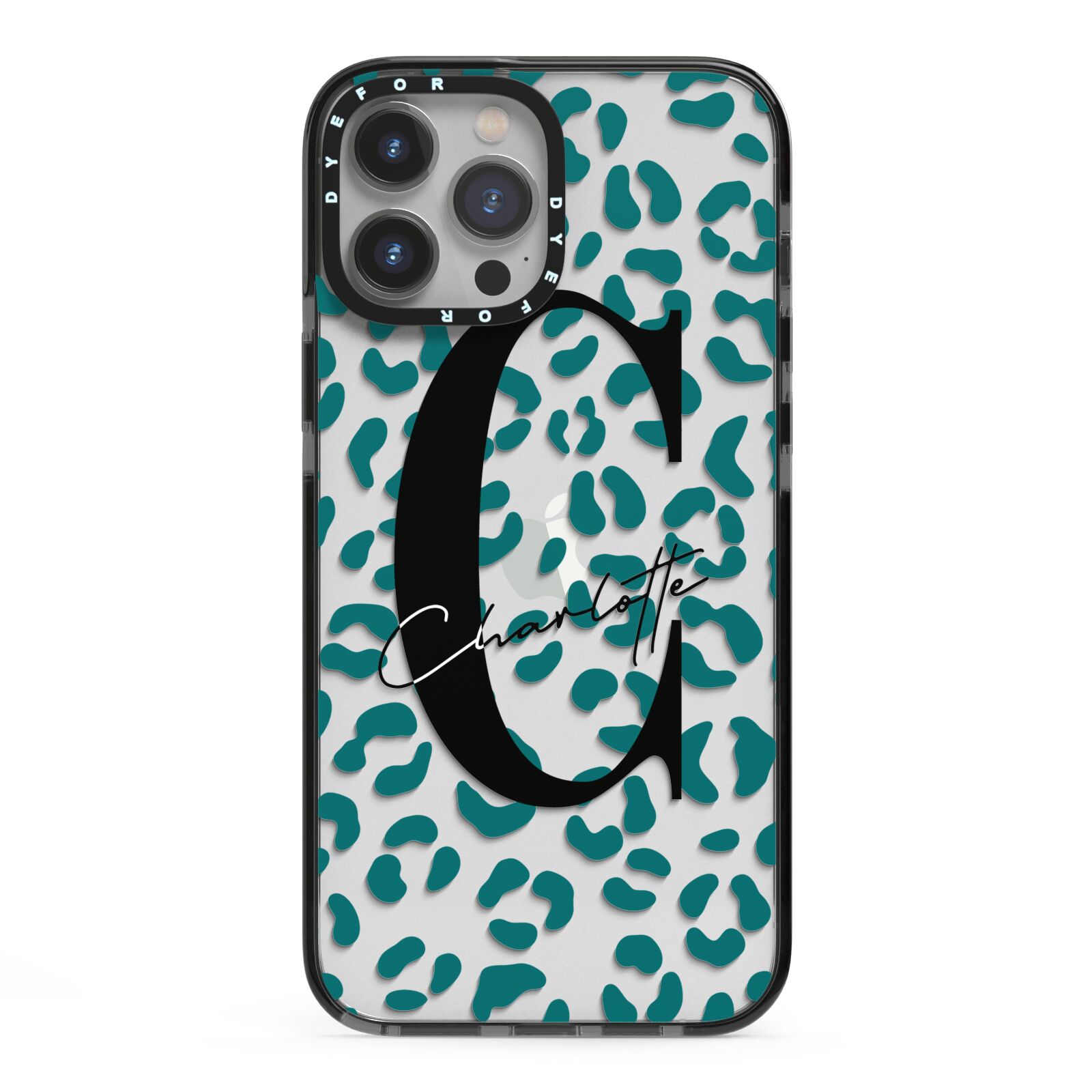 Personalised Leopard Print Clear Green iPhone 13 Pro Max Black Impact Case on Silver phone
