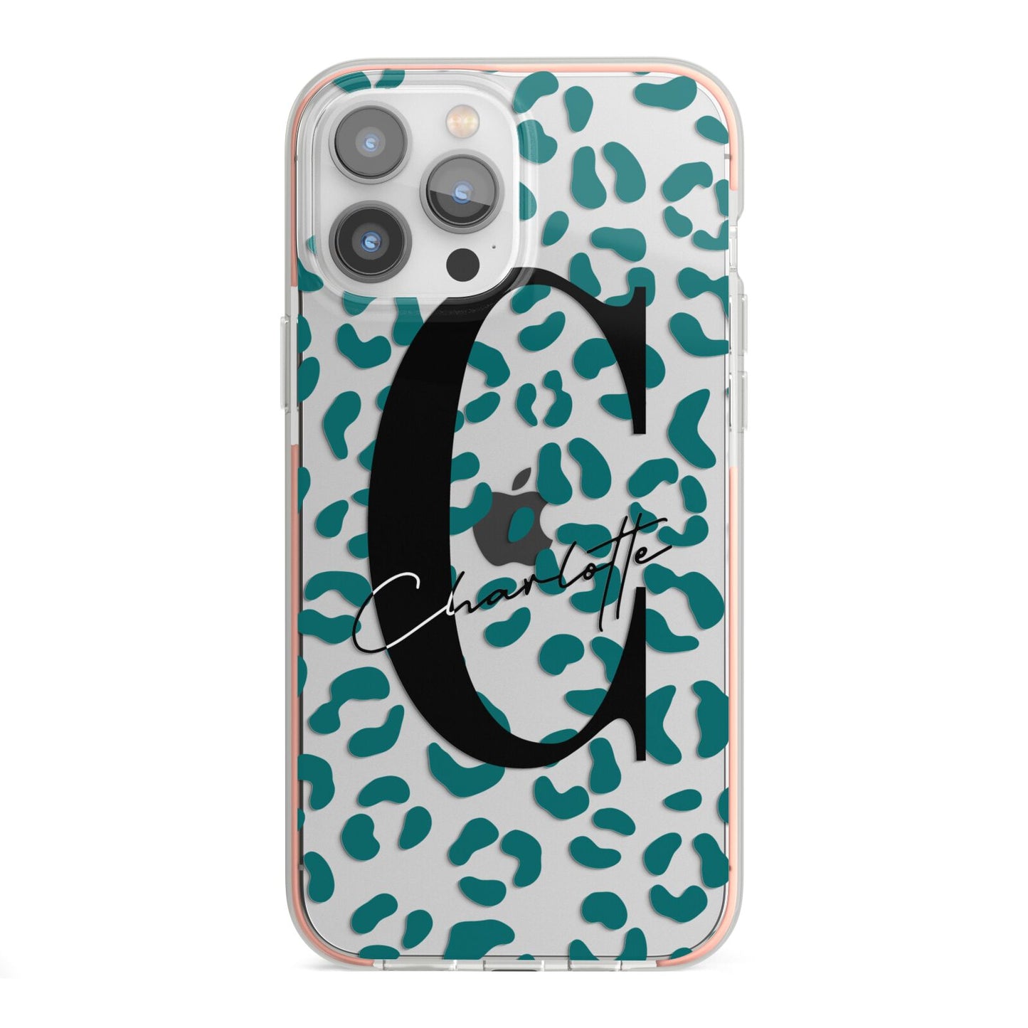 Personalised Leopard Print Clear Green iPhone 13 Pro Max TPU Impact Case with Pink Edges