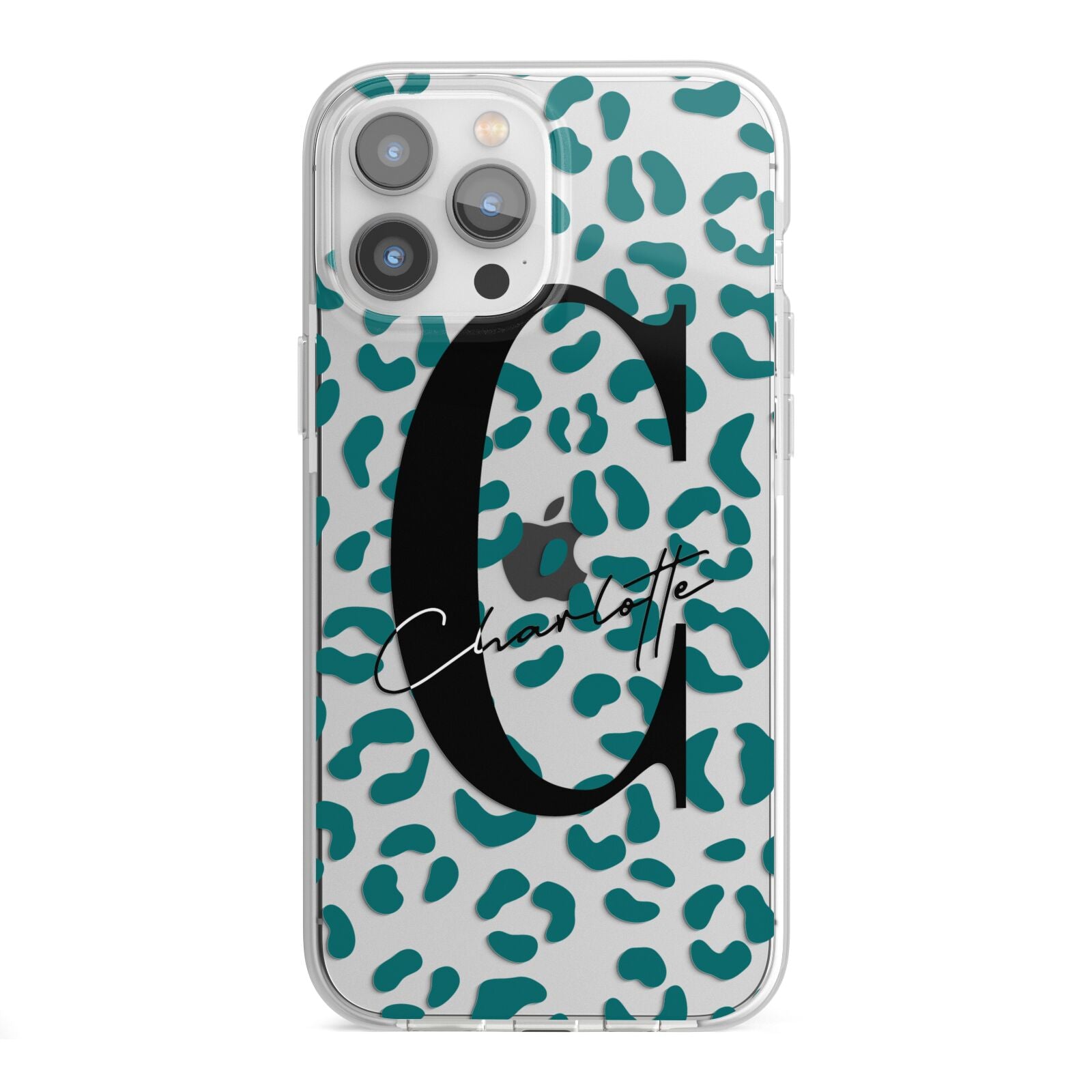 Personalised Leopard Print Clear Green iPhone 13 Pro Max TPU Impact Case with White Edges