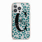 Personalised Leopard Print Clear Green iPhone 13 Pro TPU Impact Case with Pink Edges