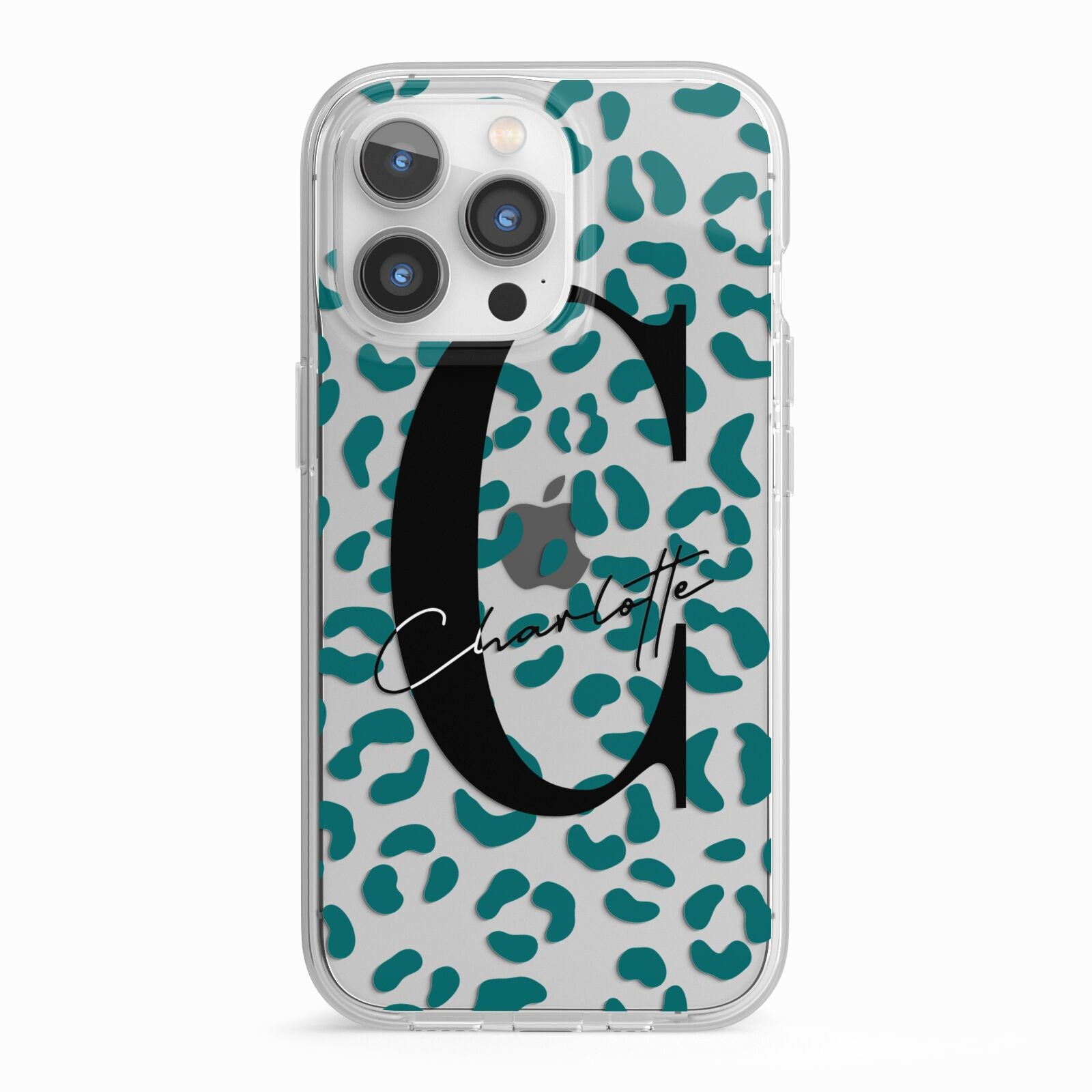 Personalised Leopard Print Clear Green iPhone 13 Pro TPU Impact Case with White Edges