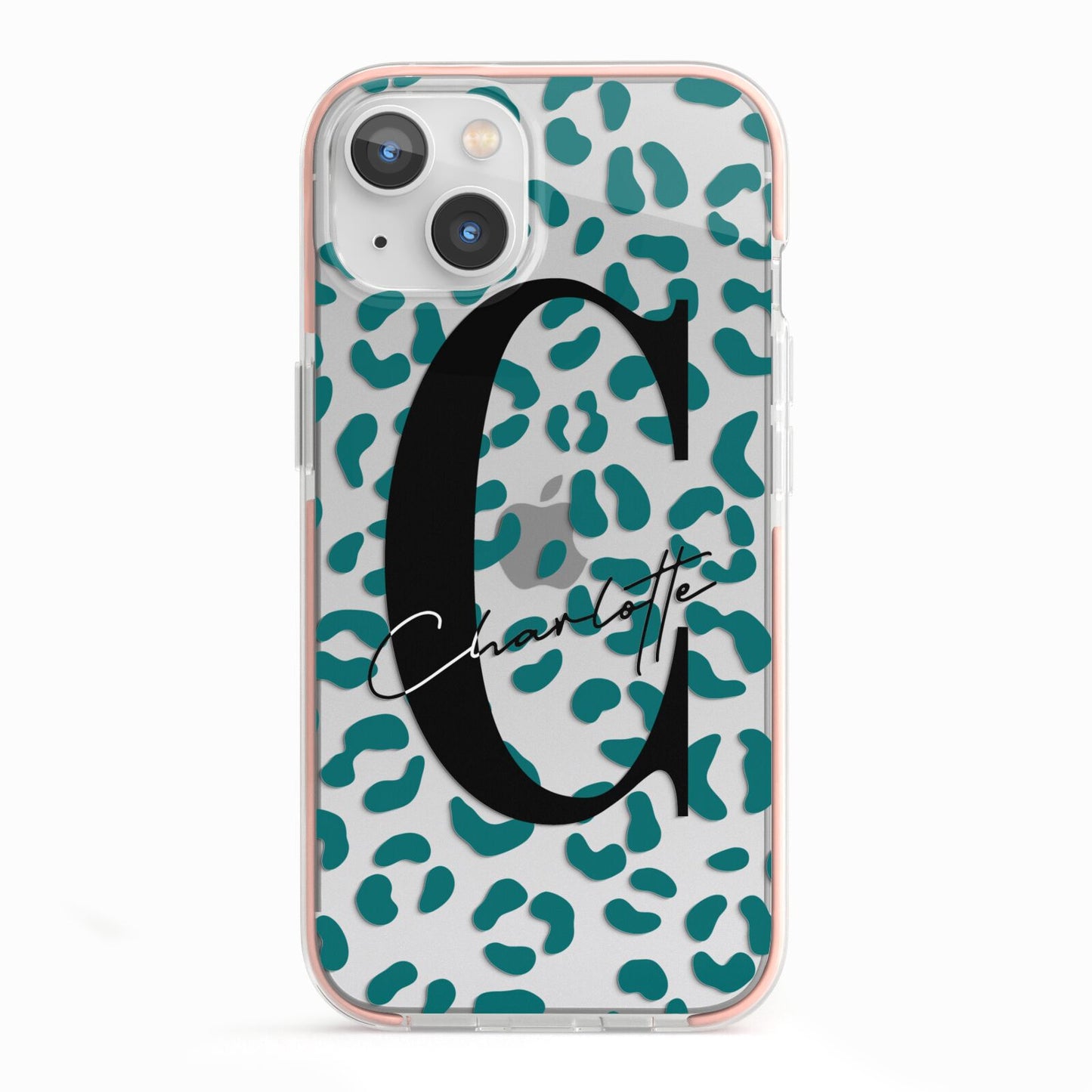 Personalised Leopard Print Clear Green iPhone 13 TPU Impact Case with Pink Edges