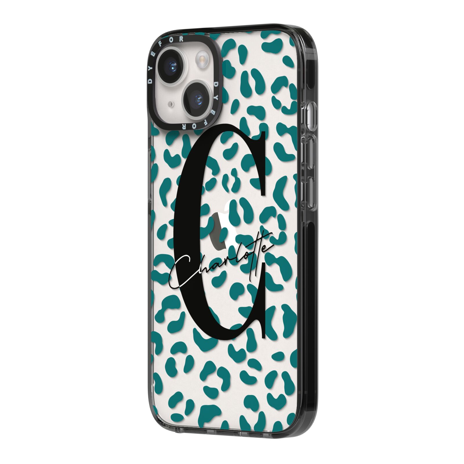 Personalised Leopard Print Clear Green iPhone 14 Black Impact Case Side Angle on Silver phone