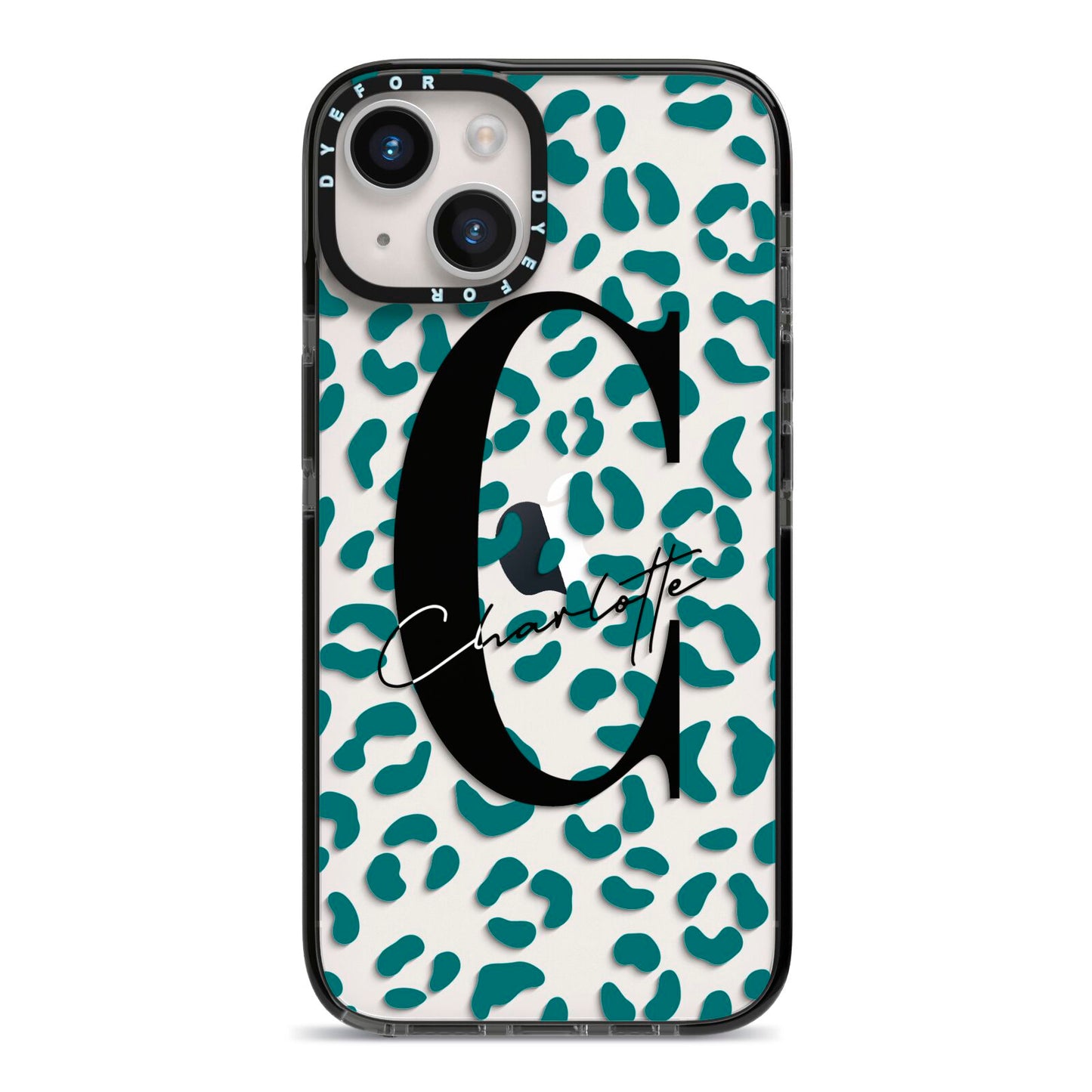 Personalised Leopard Print Clear Green iPhone 14 Black Impact Case on Silver phone