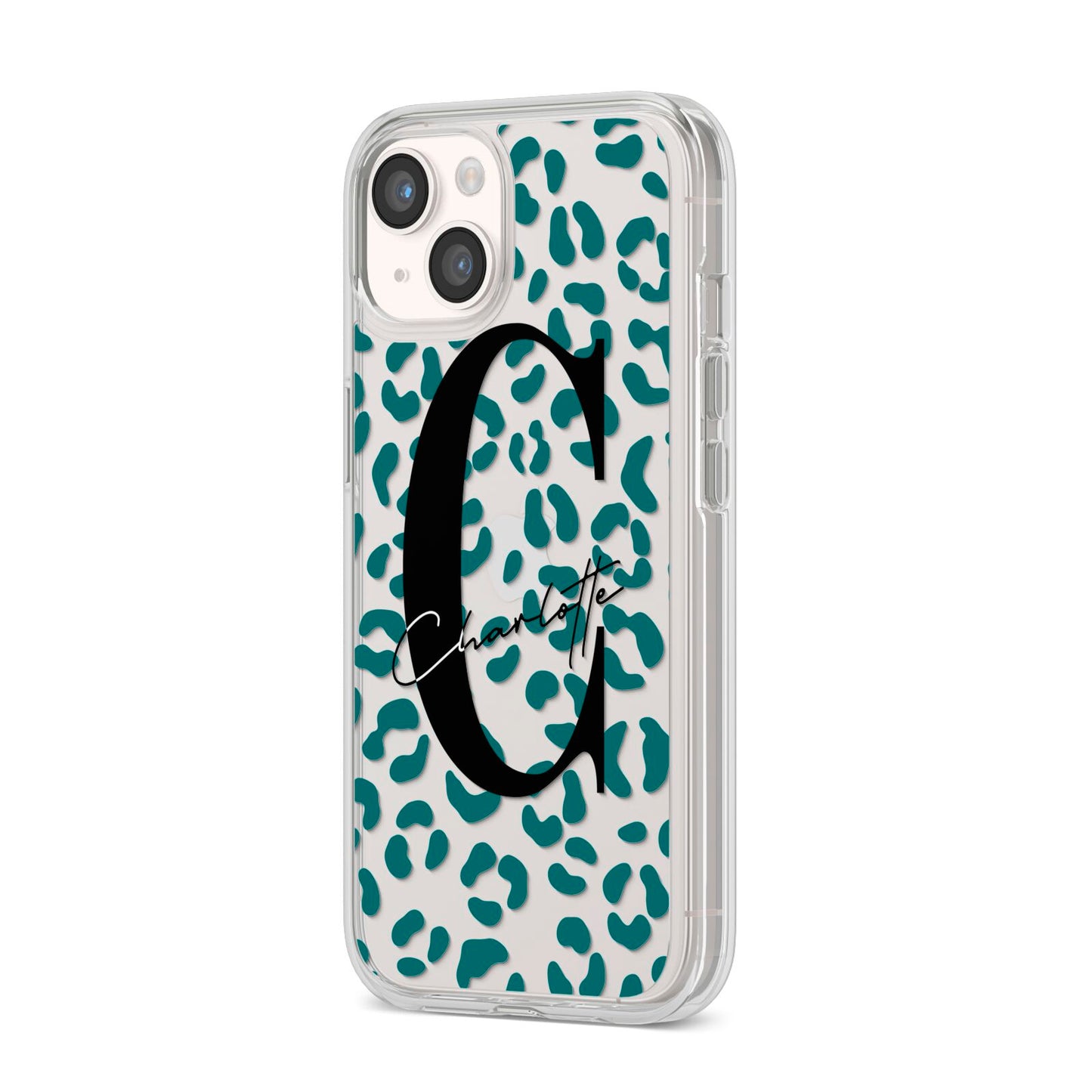 Personalised Leopard Print Clear Green iPhone 14 Clear Tough Case Starlight Angled Image