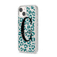 Personalised Leopard Print Clear Green iPhone 14 Glitter Tough Case Starlight Angled Image