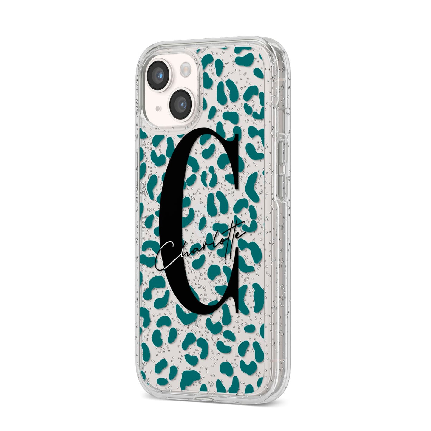 Personalised Leopard Print Clear Green iPhone 14 Glitter Tough Case Starlight Angled Image