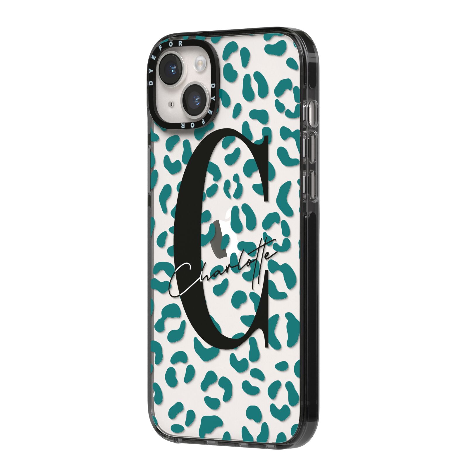 Personalised Leopard Print Clear Green iPhone 14 Plus Black Impact Case Side Angle on Silver phone